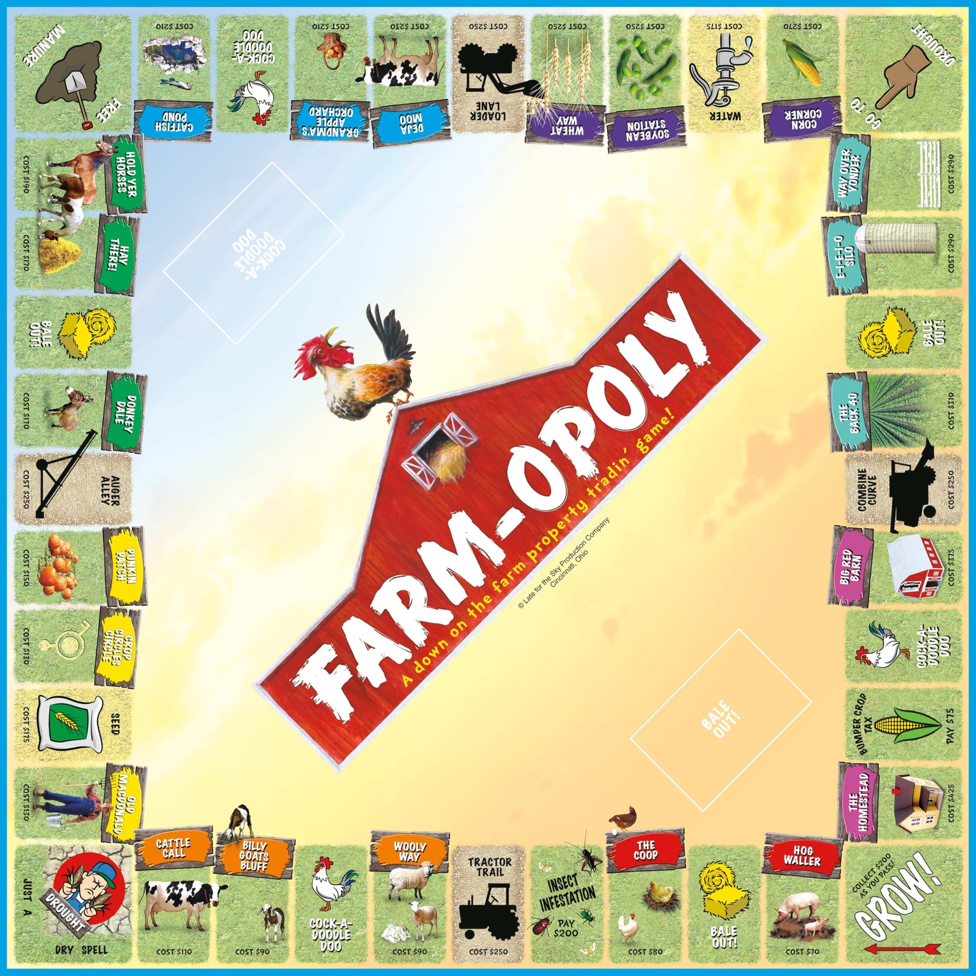 Late for the Sky Farm-Opoly Board Game - Family Property Trading Fun, Farm Theme, 2-6 Players, Ages 8+, Strategy Party Game Night Gift