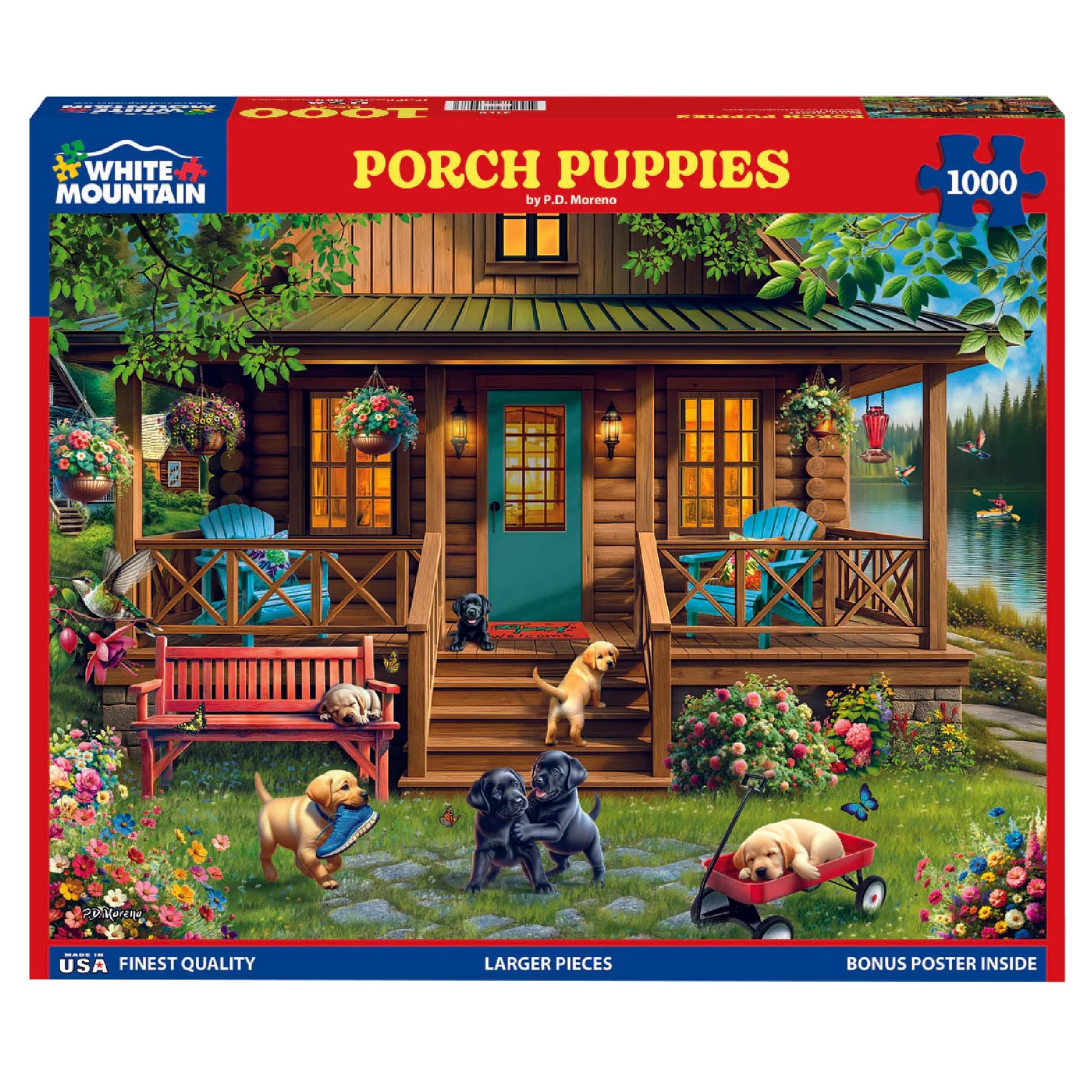 White Mountain 1000 Piece Jigsaw Puzzle Spring Lake Cabin, Porch Puppies