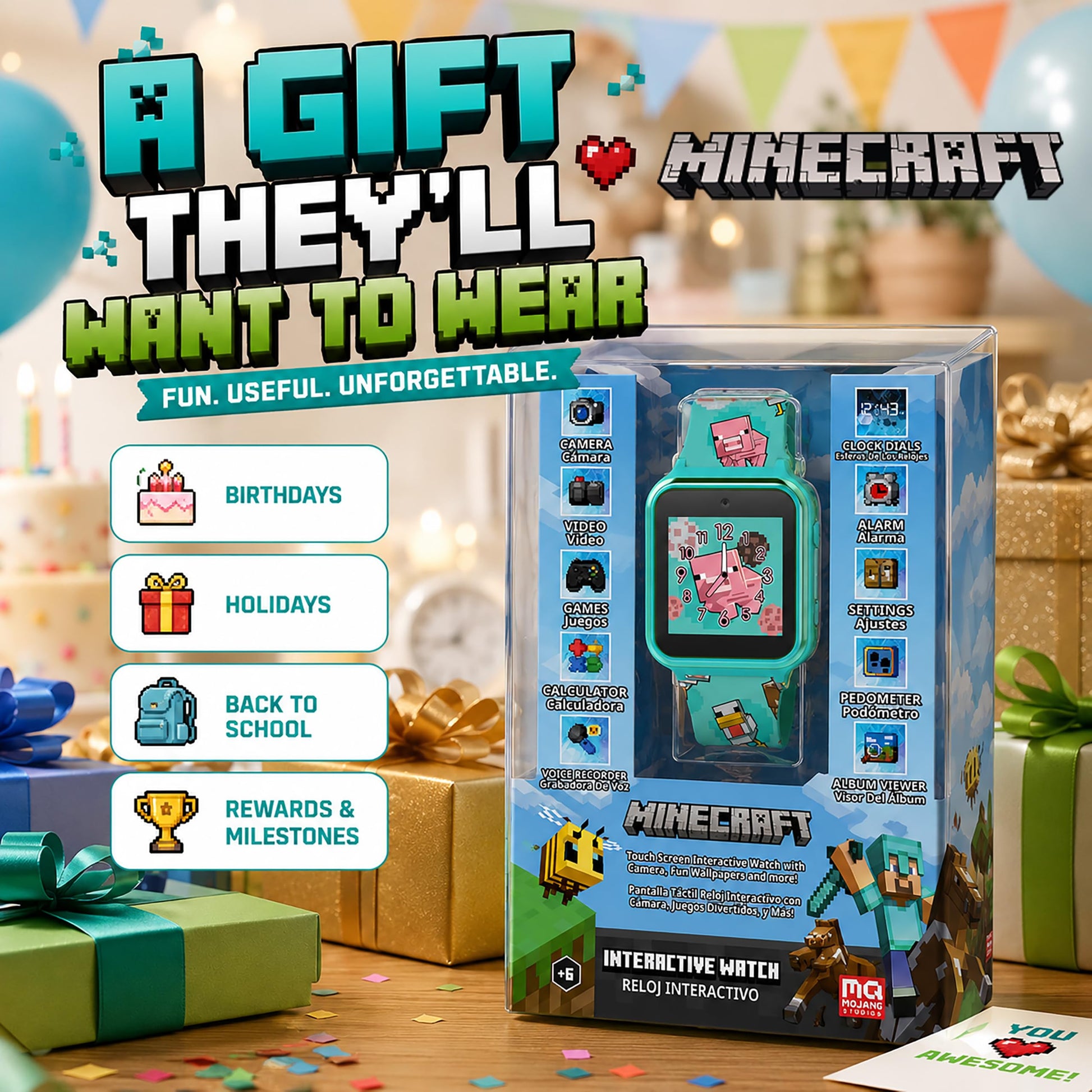 Minecraft Kids Smart Watch with Touchscreen Display, 10 Watch Faces, Games, Camera, Alarm, Timer, Step Counter & Calculator - Fun Interactive Learning
