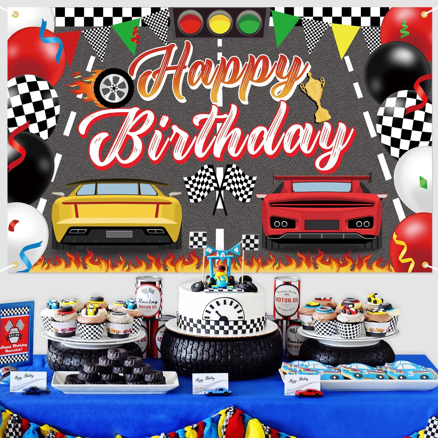 Racing Cars Happy Birthday Decorations Backdrop Banner, Race Car Fast Birthday Party Decorations Photo Background Backdrop for Birthday Party Supplies
