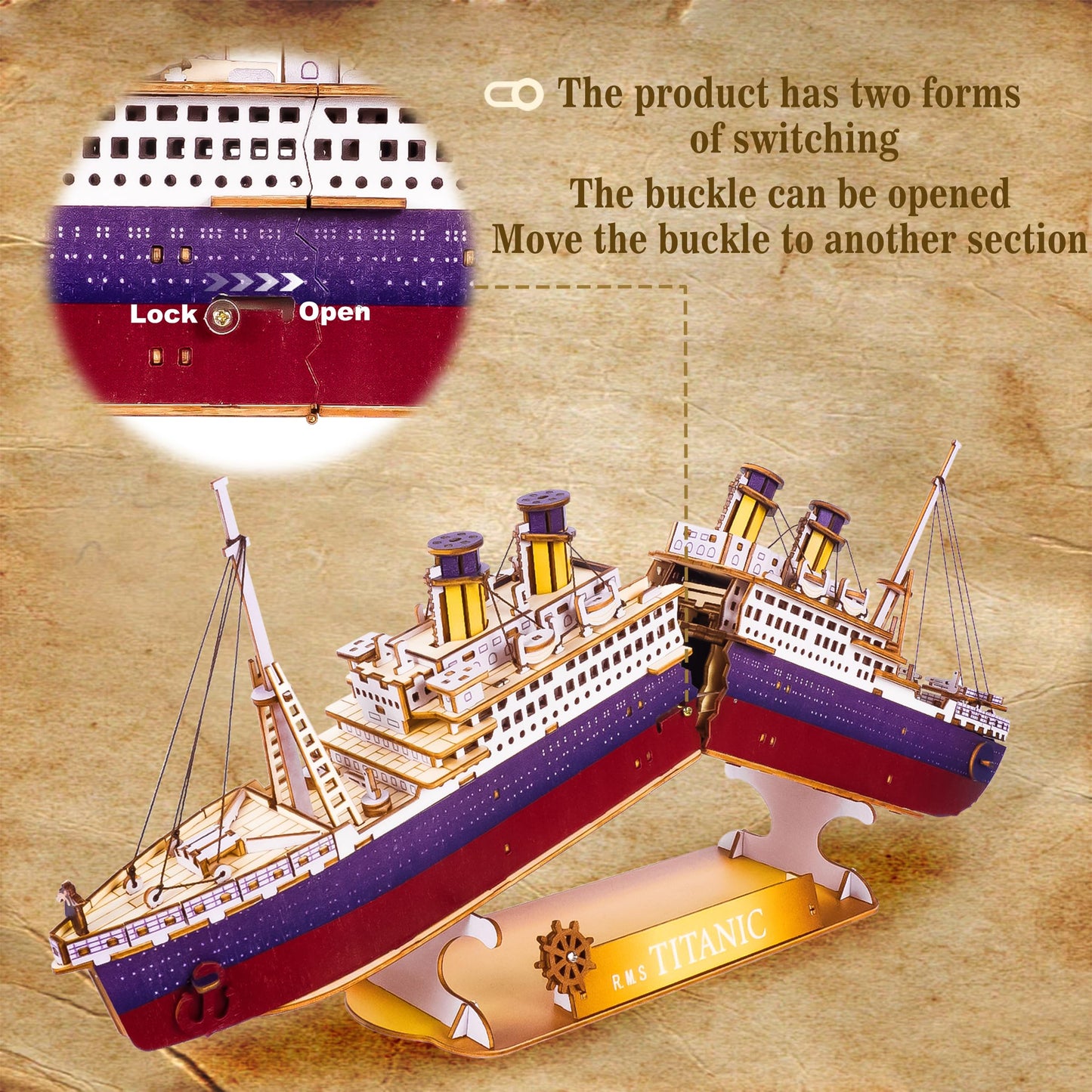 Vziimo Titanic 3D Puzzles for Adults, LED Titanic Metal Ship Model Building Kits for Home Desk Decor, 368 Pcs Wooden DIY Arts and Crafts Collection