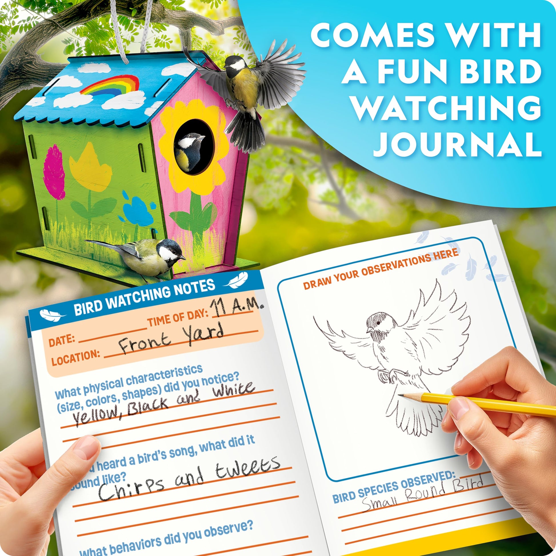 National Geographic Build Your Own Birdhouse Kit - DIY Wooden Birdhouse Craft with Paints, Brush, Bird-Watching Journal & Educational Poster for Kids