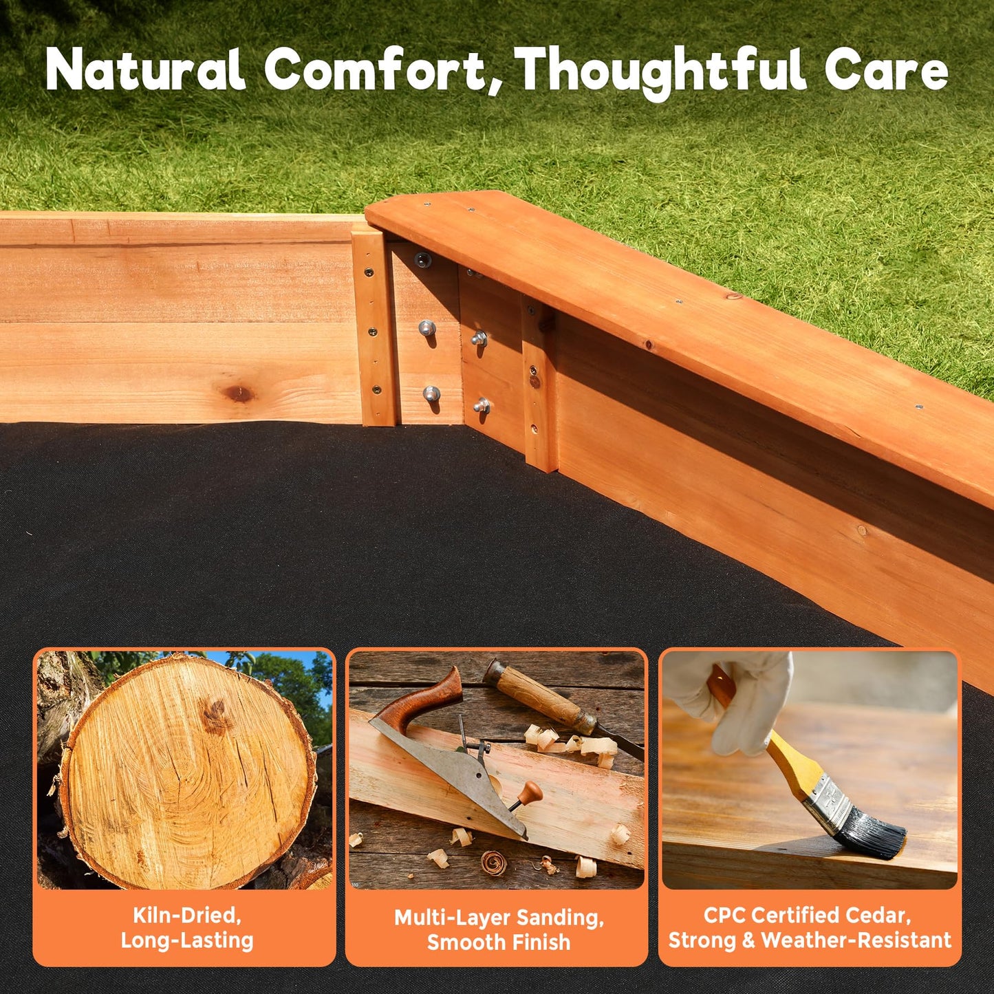 FUNTOK 85''x85''x9'' Octagon Sandbox for Kids, Large Natural Wooden Sandpit with 4 Benches, Bottom Liner, PVC Cover, 198 Lbs Weight Capacity, Sand Box