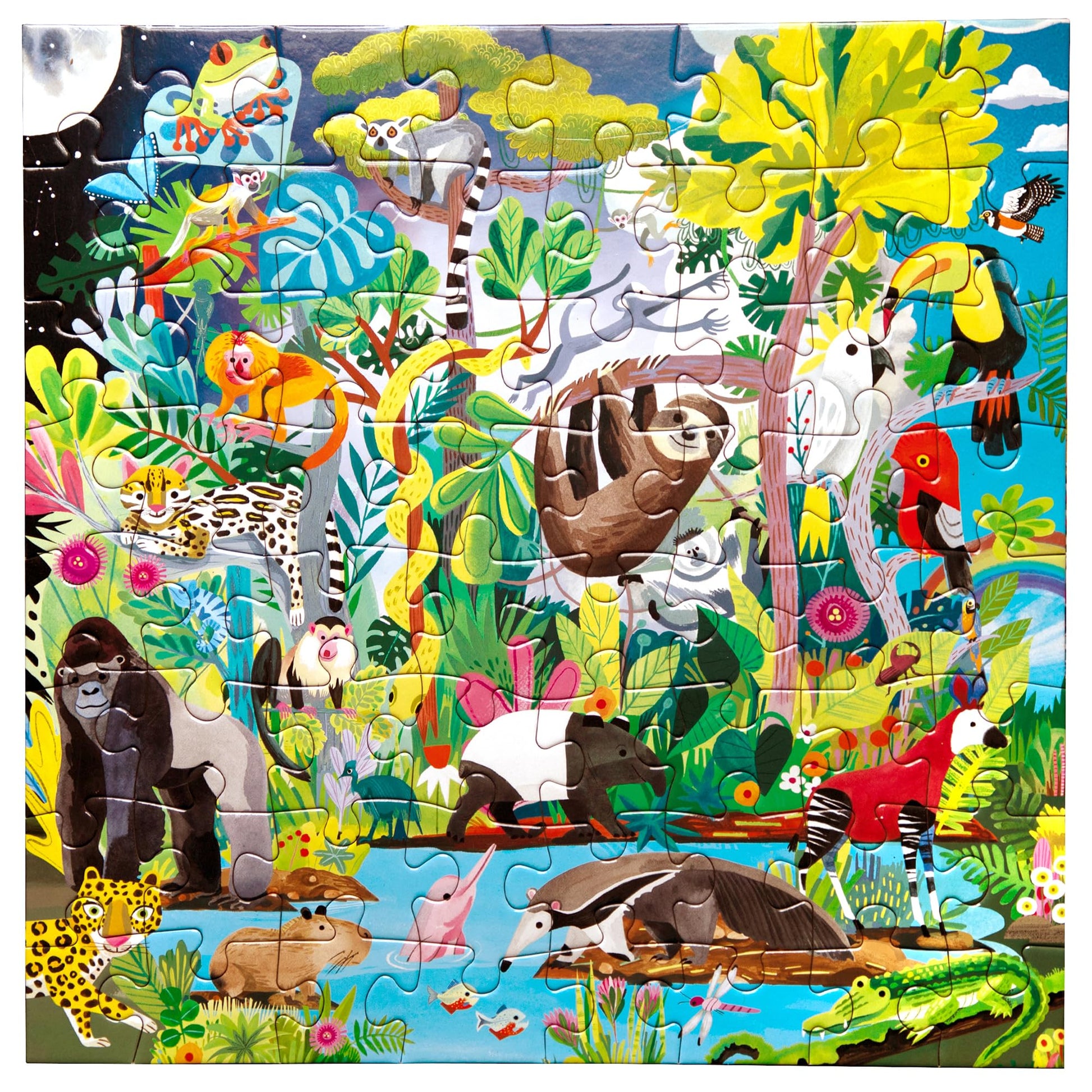 eeBoo: Rainforest - 64 Piece Puzzle - 15" x 15" Jigsaw, Vibrant Animal & Nature Scene, Informational Poster, Big Sturdy Dustless Pieces, Kids Ages 5+
