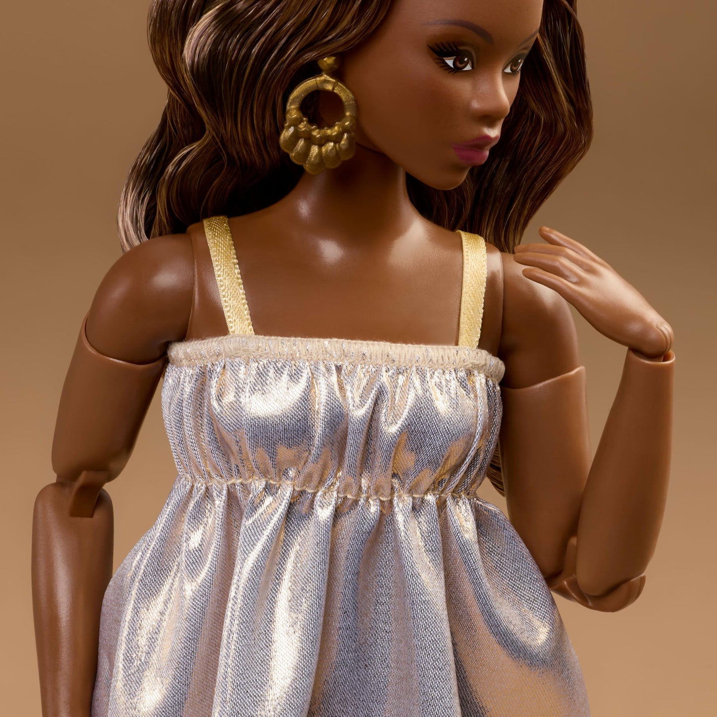 Barbie Basics Model Collector Fashion Doll 09 with Brunette Hair in Golden Dress & Strappy Heels, Universal-fit Fashions & Posable Body