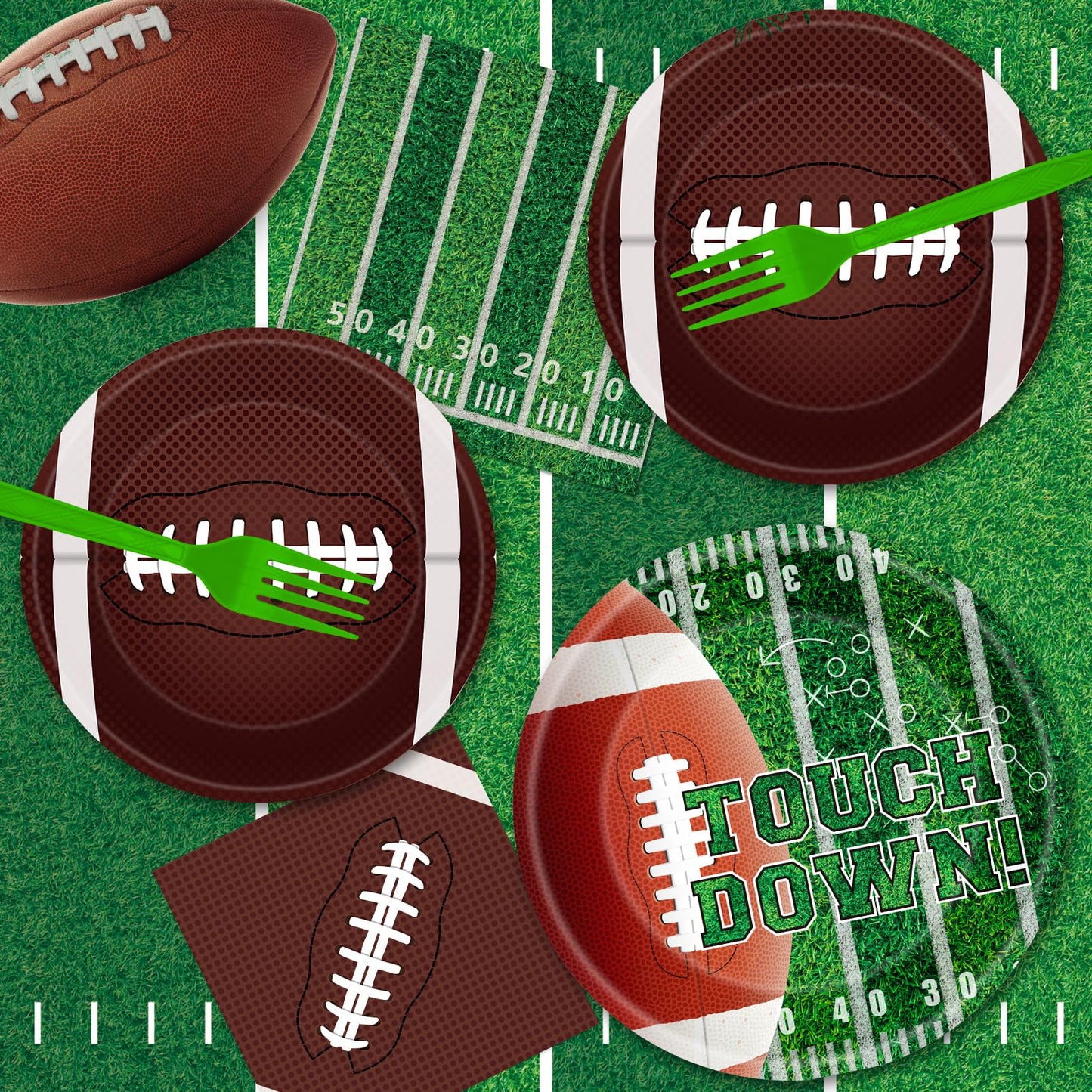 96 Pcs Football Plates and Napkins Forks Sets - Rugby Sports Themed Round Tableware, Disposable Touch Down Paper Plates Napkins Set for Football Game