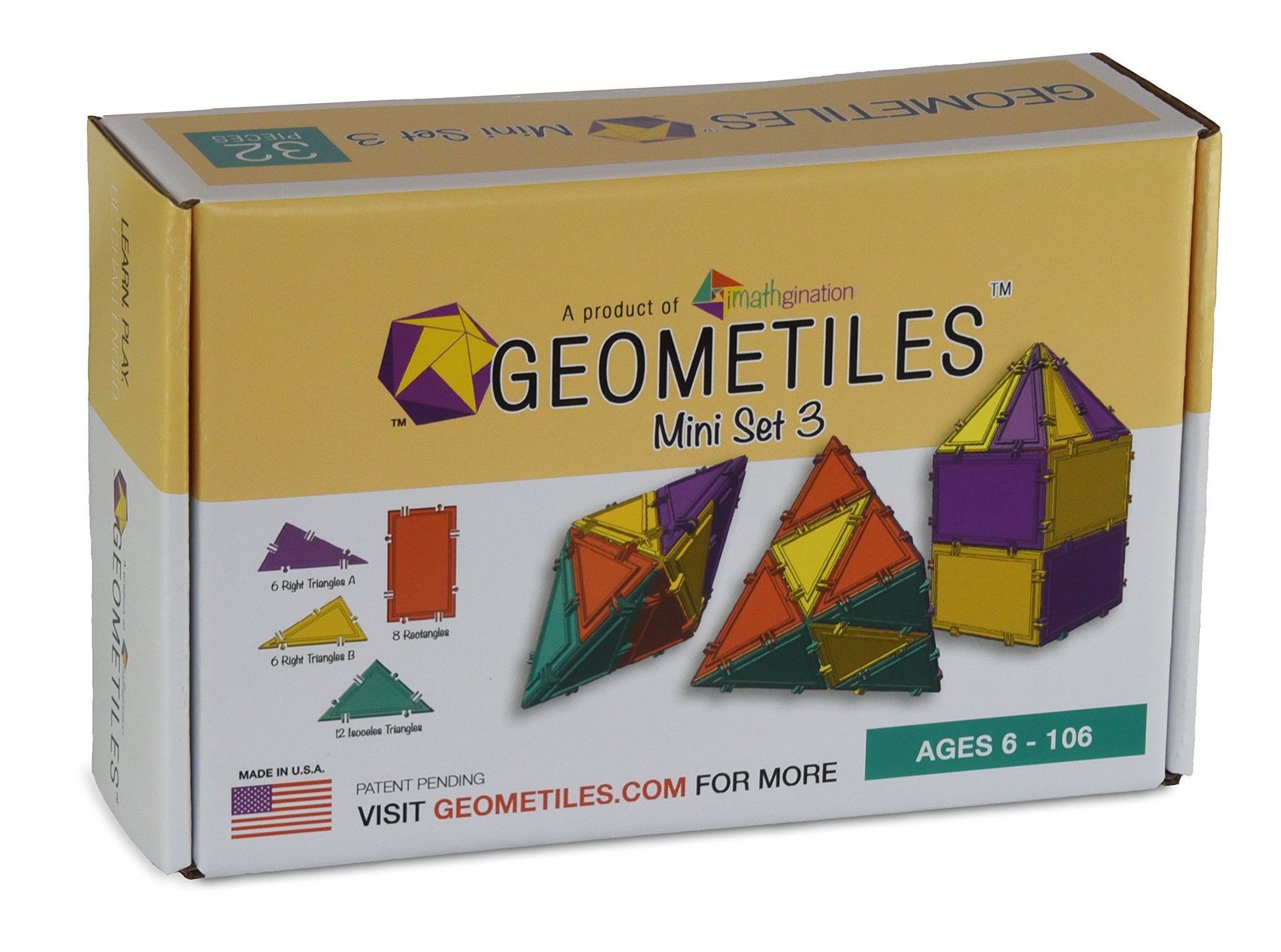 Geometiles 3D Building Set for Learning Math, Includes Many Online Activities,32-pc, Made in USA (Triangle/Rectangle)