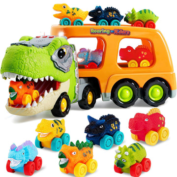 JOYIN Dinosaur Toys for Kids 2-4, Toddler Boy Toys, Dinosaur Carrier Truck with 6 Rubber Car Vehicles, Easter Birthday Gifts with Music & Lights for 2