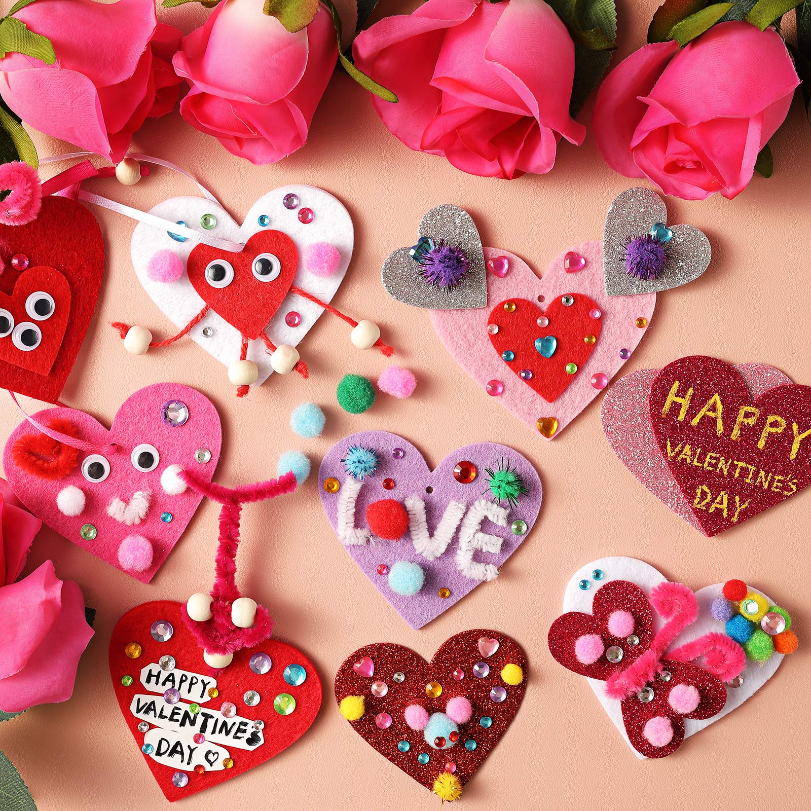 Valentine's Day Crafts for Kids - 361PCS DIY Heart Craft Set for School Gift, 108 Hearts, 50 Googly Eyes, 60 Pom Poms, 36 Wooden Beads, Craft Supplies