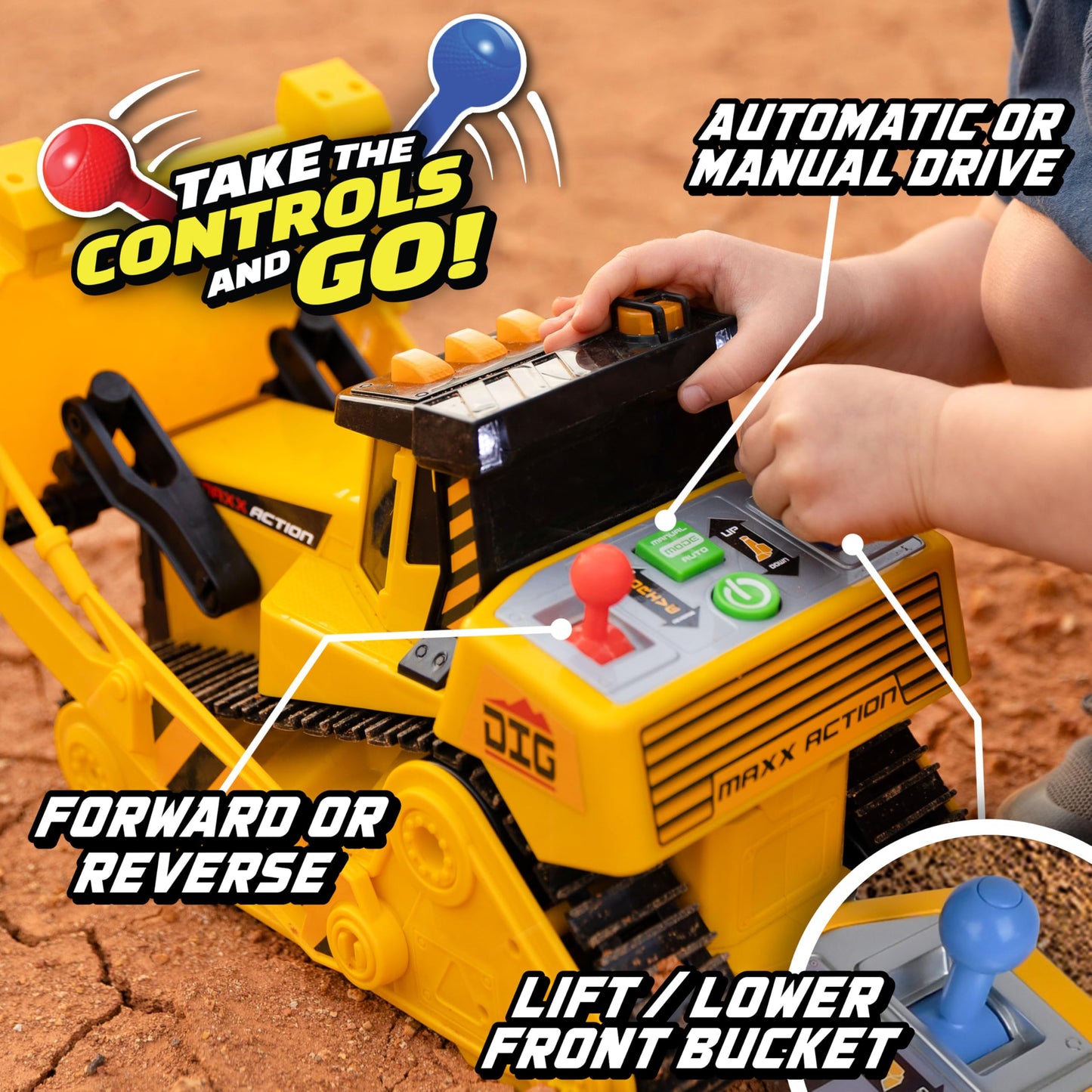 Maxx Action 16" Dozer with Joystick Controls, Lights, Construction Sounds, Motorized Movement, and Real Working Bucket - Large Construction Vehicle