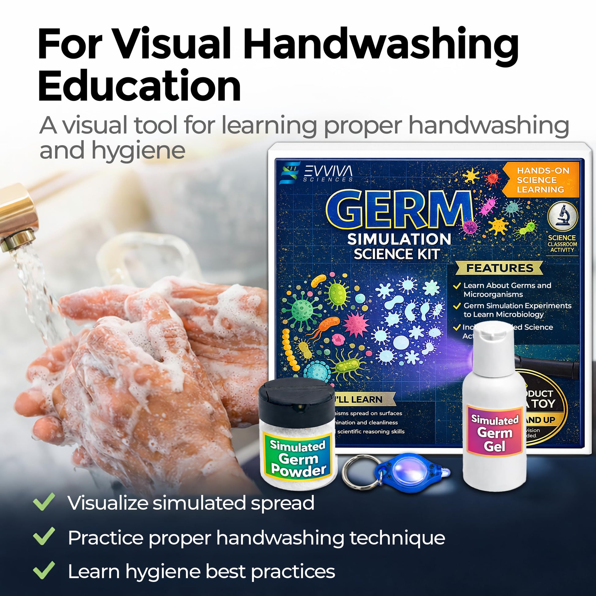 ES EVVIVA SCIENCES Germ Simulation Science Kit - Glow-in-the-Dark Powder & Gel - Blacklight Reactive Demonstration - Classroom Lab Activity - Ages 16+