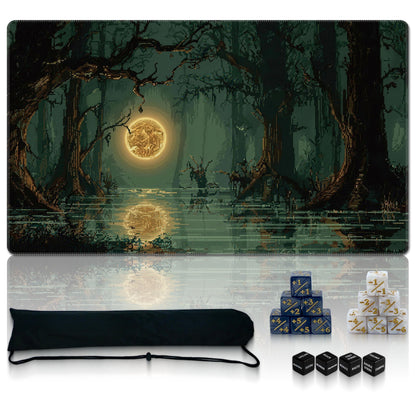 Auralvia Ultimate TCG Battle Set: 24"x14" Stitched Fantasy Playmat, 16 Dice & Carry Bag - Non-Slip 2mm Rubber Card Game Mat for Trading Card Games