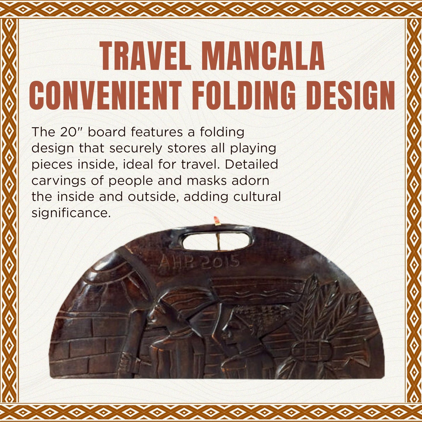 Africa Heartwood Project African Oware Mancala Board - Deluxe Circular Shape with Handle, Hand-Carved, Solid Wood with Detailed Designs, Wooden