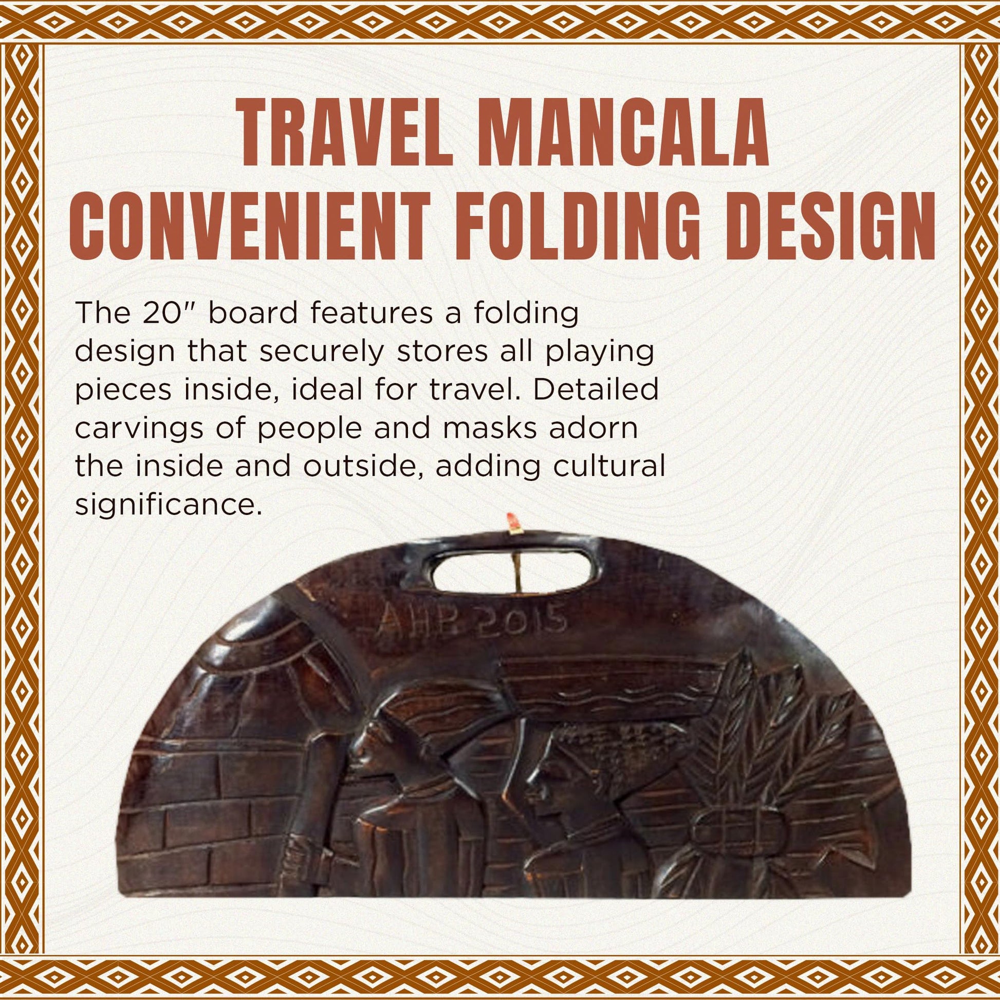 Africa Heartwood Project African Oware Mancala Board - Deluxe Circular Shape with Handle, Hand-Carved, Solid Wood with Detailed Designs, Wooden