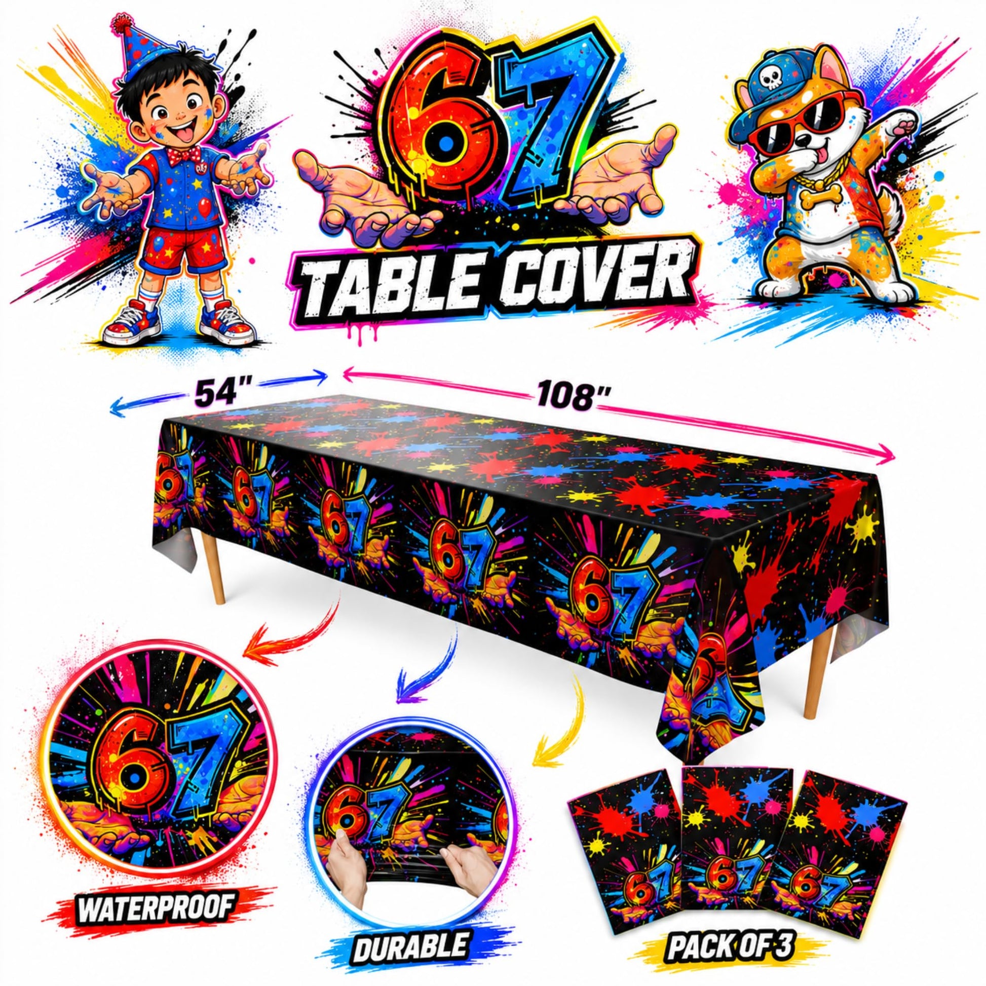 Blue Orchards 67 Tablecover (Pack of 3) - XL 54"x108" - Immersive 67 Birthday Party Decorations, 6 7 Paint Splatter Party Tablecloth, Brainrot Themed