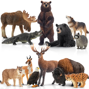 Toymany 12PCS North American Forest Animal Figurines, Realistic Jungle Zoo Animal Set Includes Moose,Cougar,Wolf,Bear,Eagle,Deer Educational Toy Cake