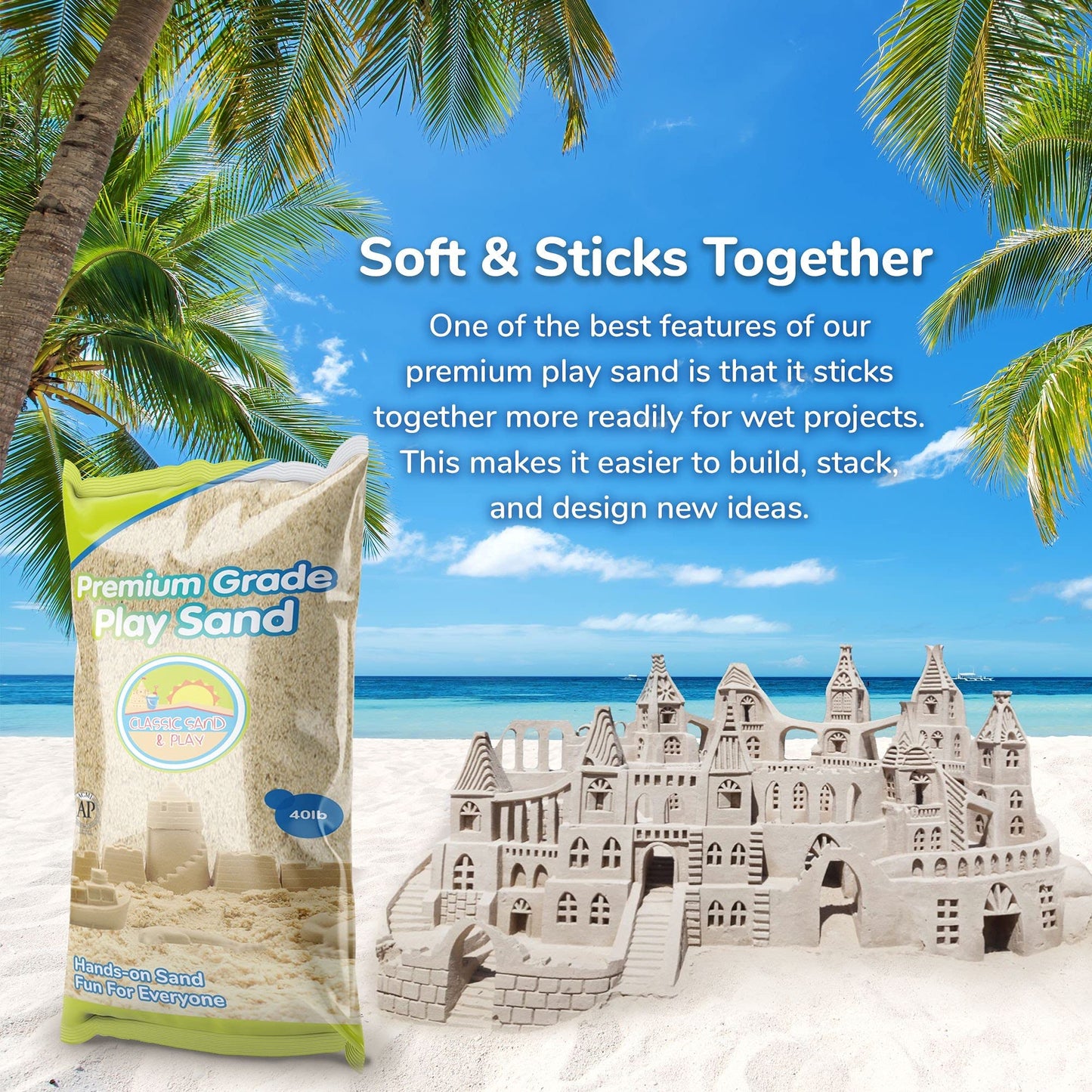Classic Sand and Play Sand for Sandbox, Table, Therapy, and Outdoor Use, 40 lb. Bag, Natural, Non-Toxic, Wet Castle Building for Creativity