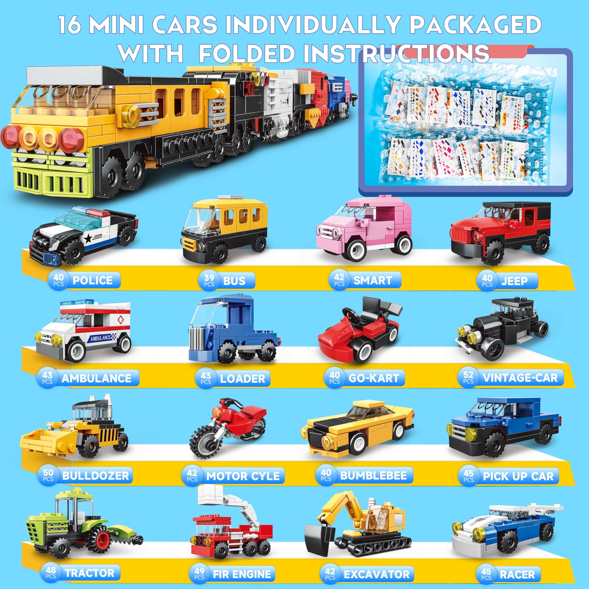 16 Pack Building Blocks Party Favors for Kids, Lego-Compatible 2 in 1 710pcs Building Kits Mini City Vehicles Include Police Car & Train, Christmas