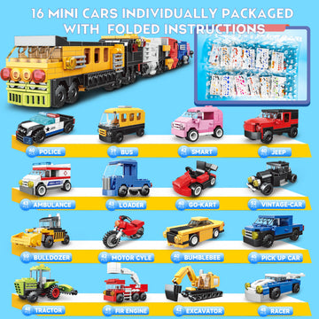 16 Pack Building Blocks Party Favors for Kids, Lego-Compatible 2 in 1 710pcs Building Kits Mini City Vehicles Include Police Car & Train, Christmas