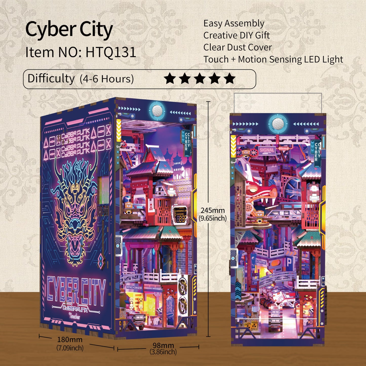 Hands Craft DIY Book Nook Kit - Cyber City Miniature Puzzle - Neon-Lit Cyberpunk Decor with Oriental Elements, Precision-Cut Wooden Pieces & LED