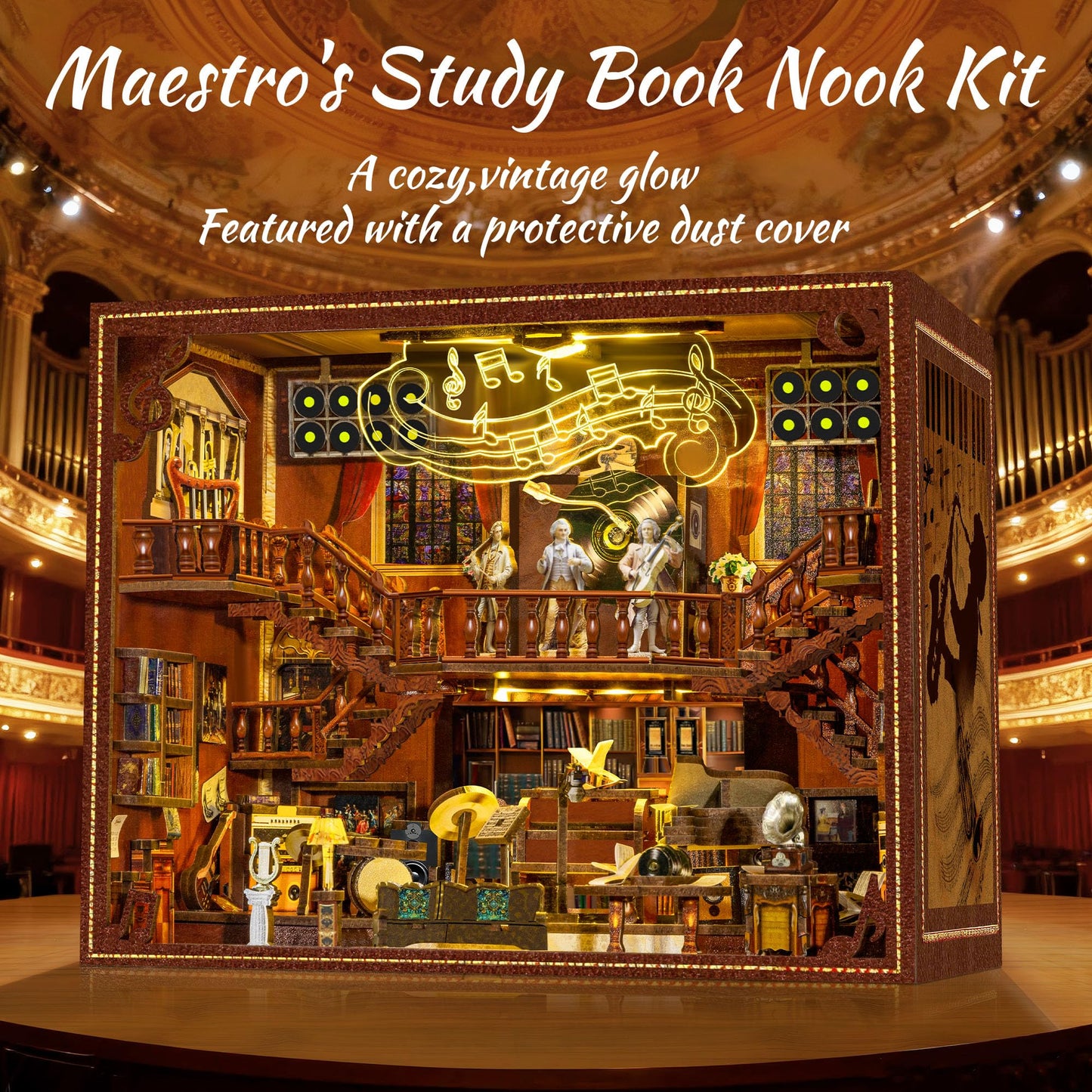 DIY Music Book Nook Kit - 3D Wooden Puzzle for Adults and Teens, Miniature Booknook Bookshelf Insert with LED Light, Ideal Gift for Family