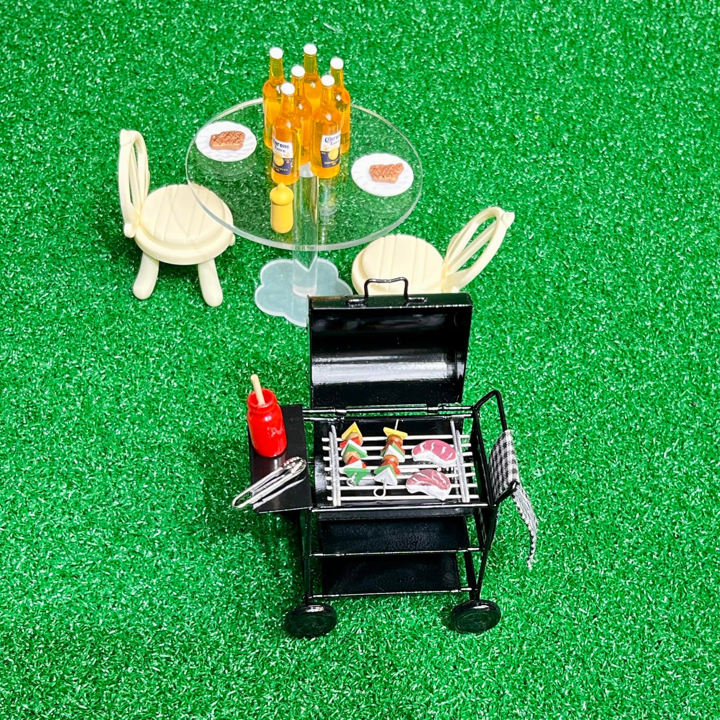 SAMCAMI Dollhouse Furniture Kitchen Grill Set (7 PCS) - Metal Grill, Skewers, Steak and Other Dollhouse Accessories - 1:12 Scale Miniature Dollhouse