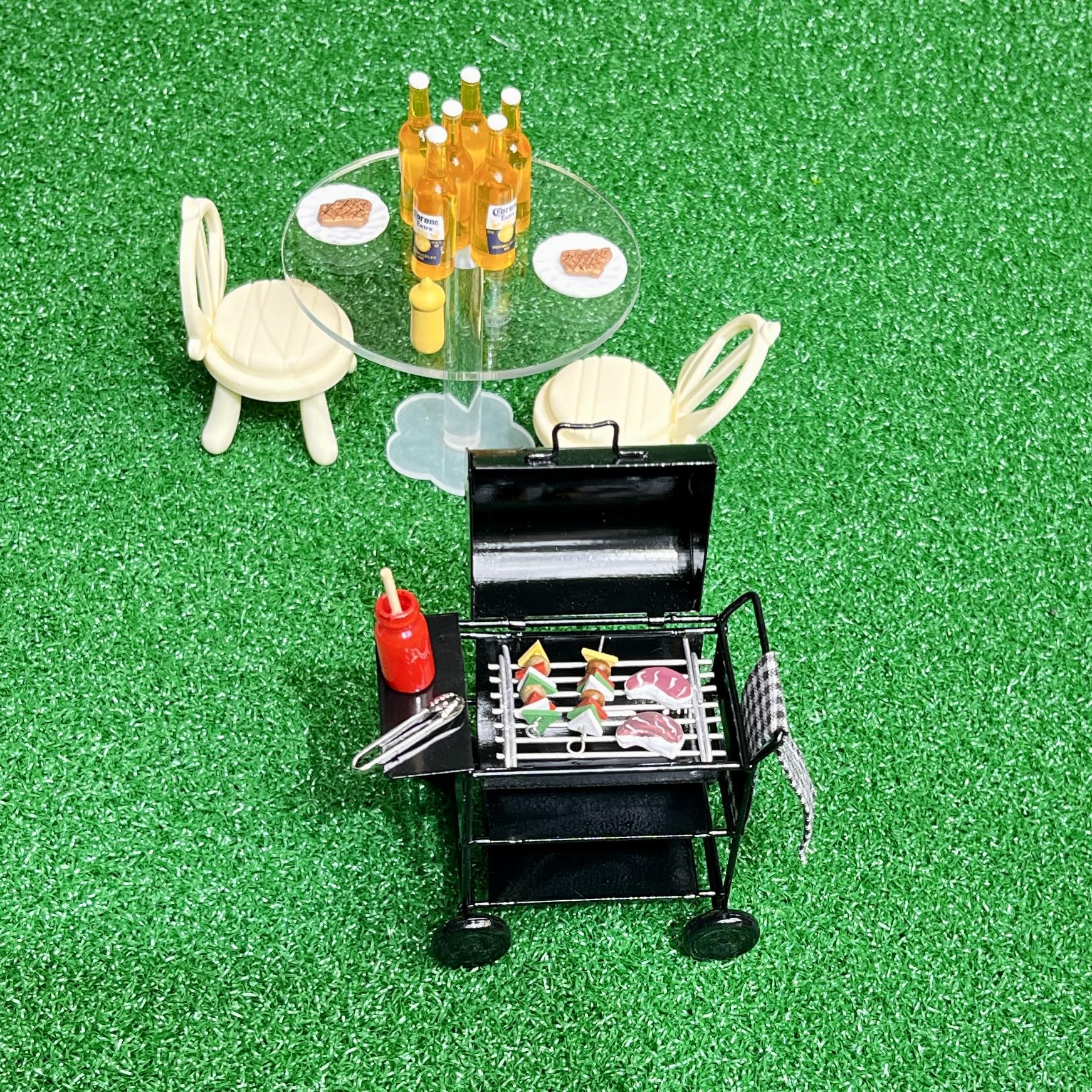 SAMCAMI Dollhouse Furniture Kitchen Grill Set (7 PCS) - Metal Grill, Skewers, Steak and Other Dollhouse Accessories - 1:12 Scale Miniature Dollhouse