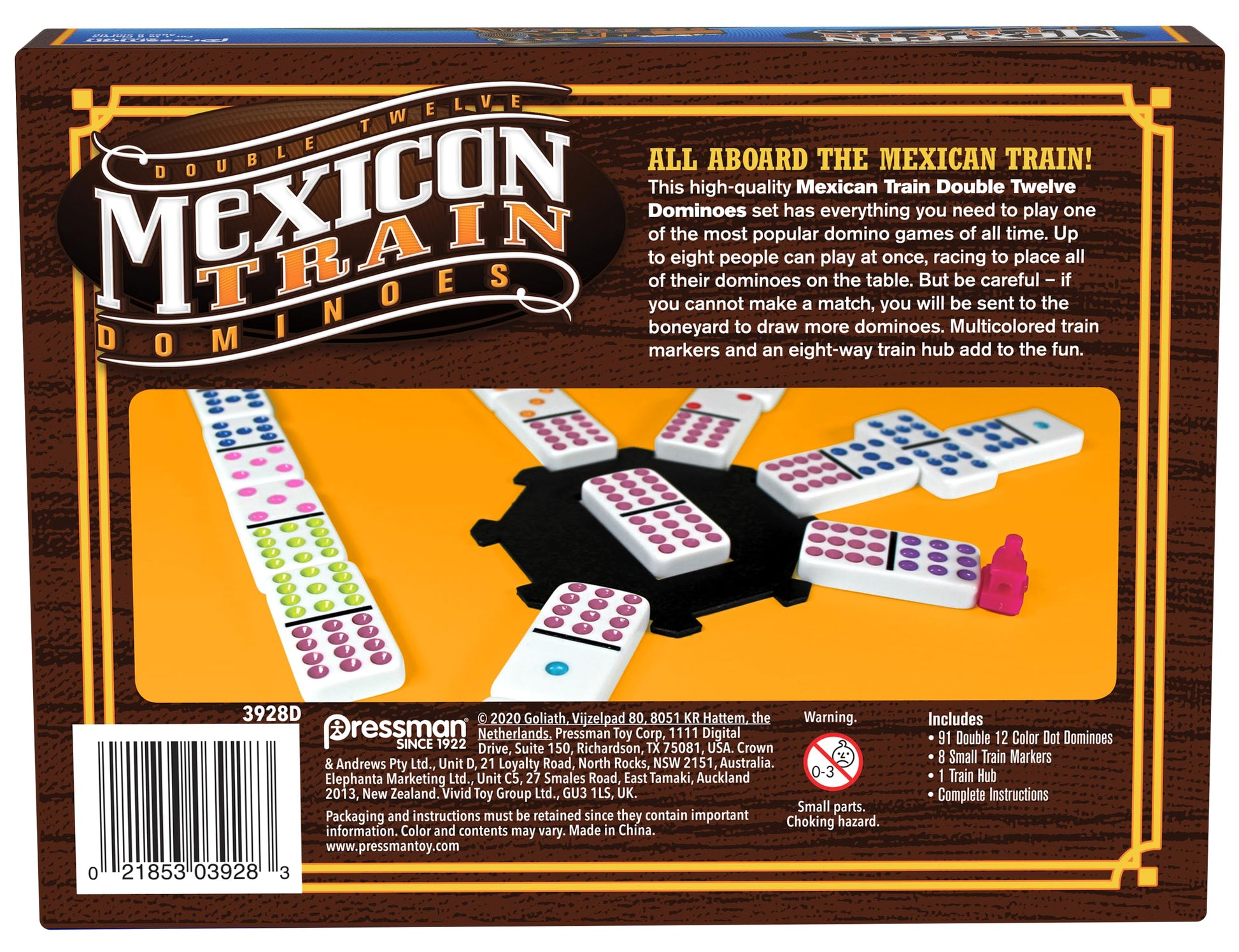 Mexican Train Dominoes - Beautiful Color Dot Double 12 Dominoes Set - Includes Train Markers and Hub by Pressman Multi Color, 5"