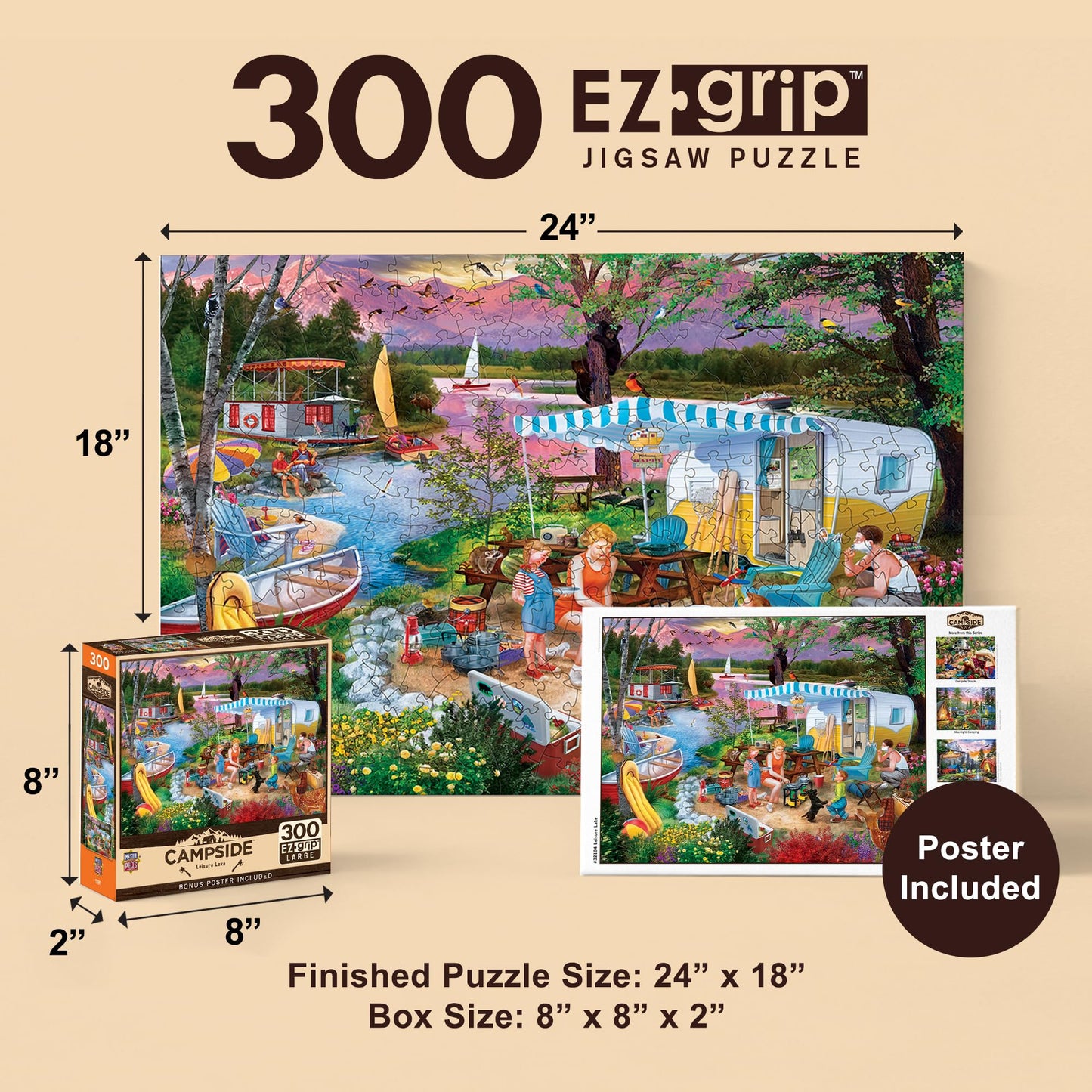 MasterPieces - 300 Piece Jigsaw Puzzle, Large EZ Grip Shapes, Leisure Lake, Fun for Adults, Seniors, Family, Kids, Non-Glare Finish, 18"x24"