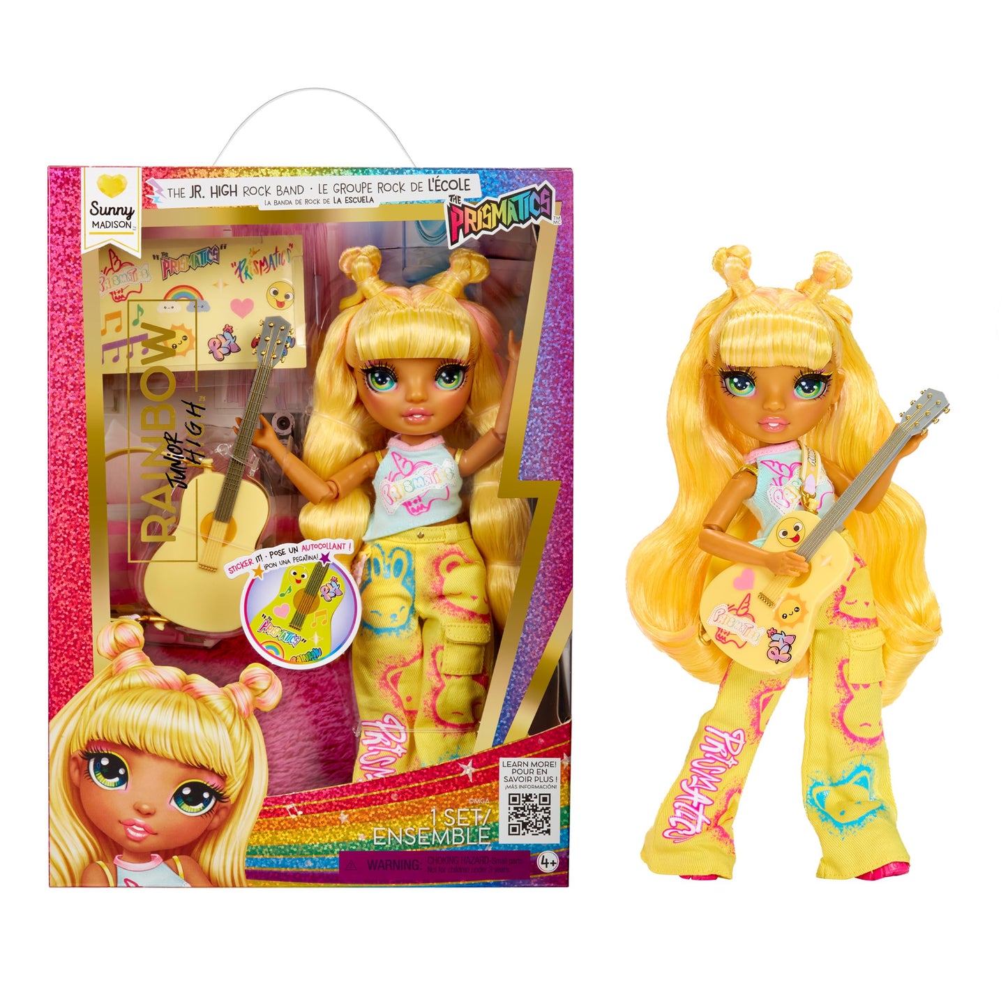 Rainbow High Jr High Rock Band - Sunny, Yellow 9” Fashion Doll with Guitar, Customize with Stickers, Posable, Great Toy Gift for Kids Ages 4+