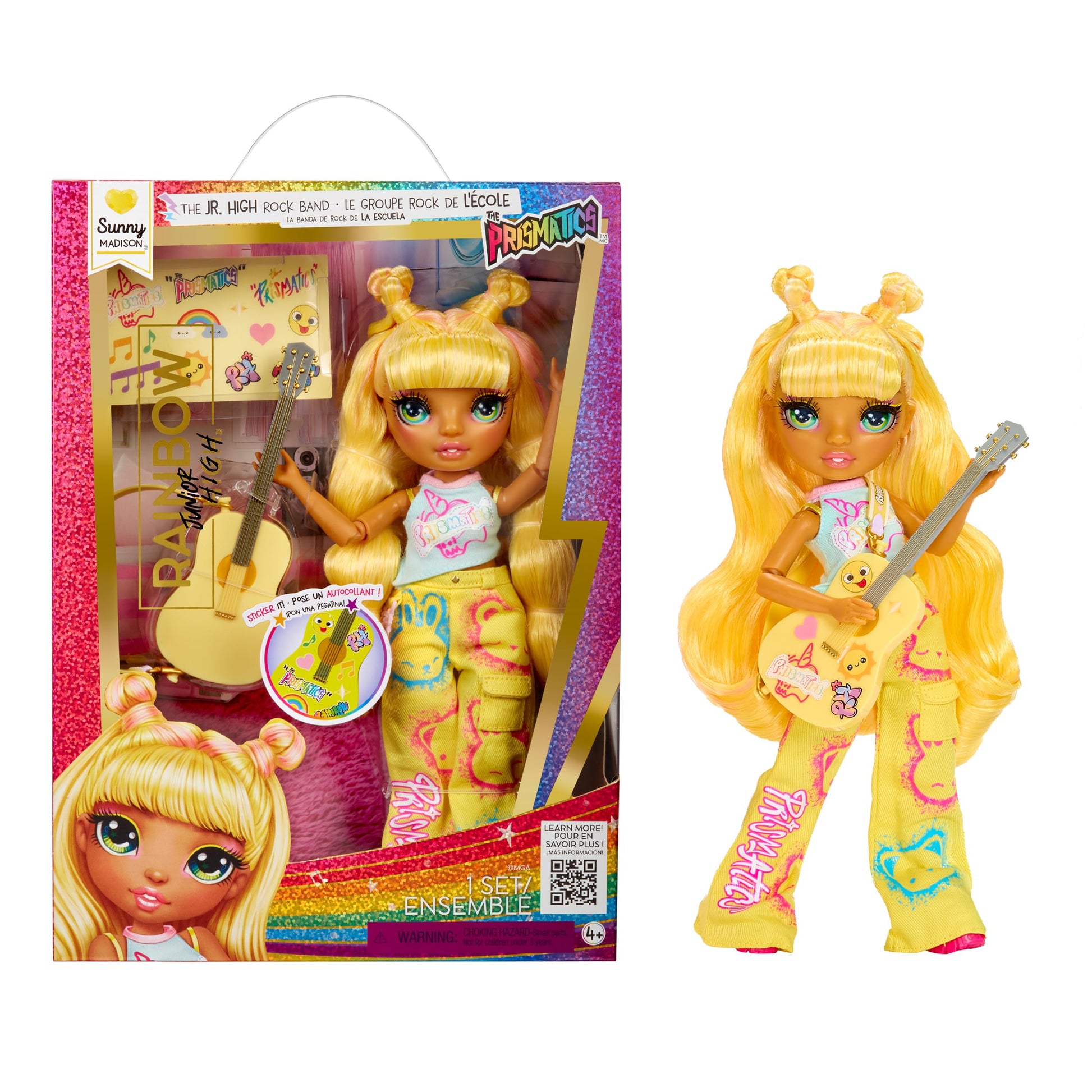Rainbow High Jr High Rock Band - Sunny, Yellow 9” Fashion Doll with Guitar, Customize with Stickers, Posable, Great Toy Gift for Kids Ages 4+
