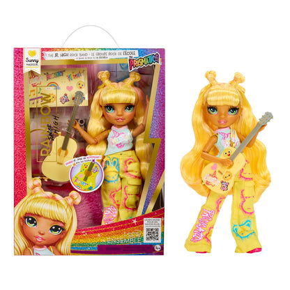Rainbow High Jr High Rock Band - Sunny, Yellow 9” Fashion Doll with Guitar, Customize with Stickers, Posable, Great Toy Gift for Kids Ages 4+