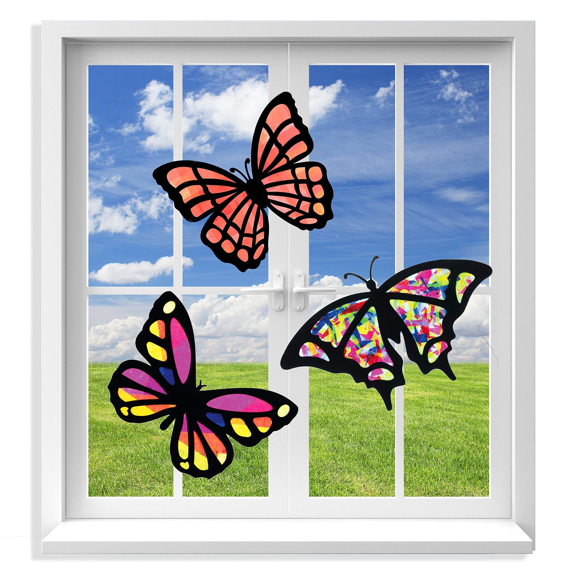 VHALE Suncatchers Craft 3 Sets (9 Cutouts) w Tissue Papers Stained Glass Effect Paper Sun Catcher Kit, Window Art, Classroom Crafts, Creative Art