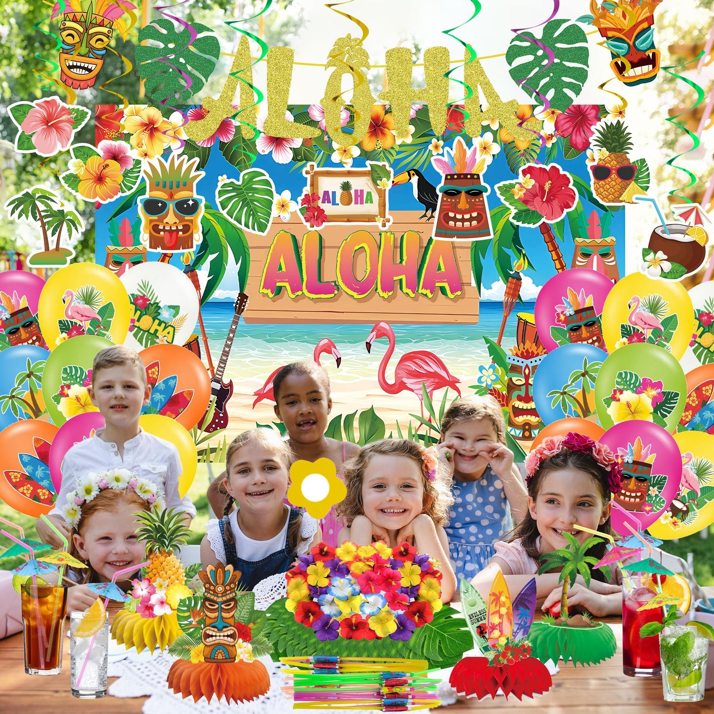 DMIGHT 101PCS Hawaiian Themed Party Decorations Set, Tropical Beach Aloha Summer Party Supplies, Including Backdrop, Table Skirt, Honeycomb