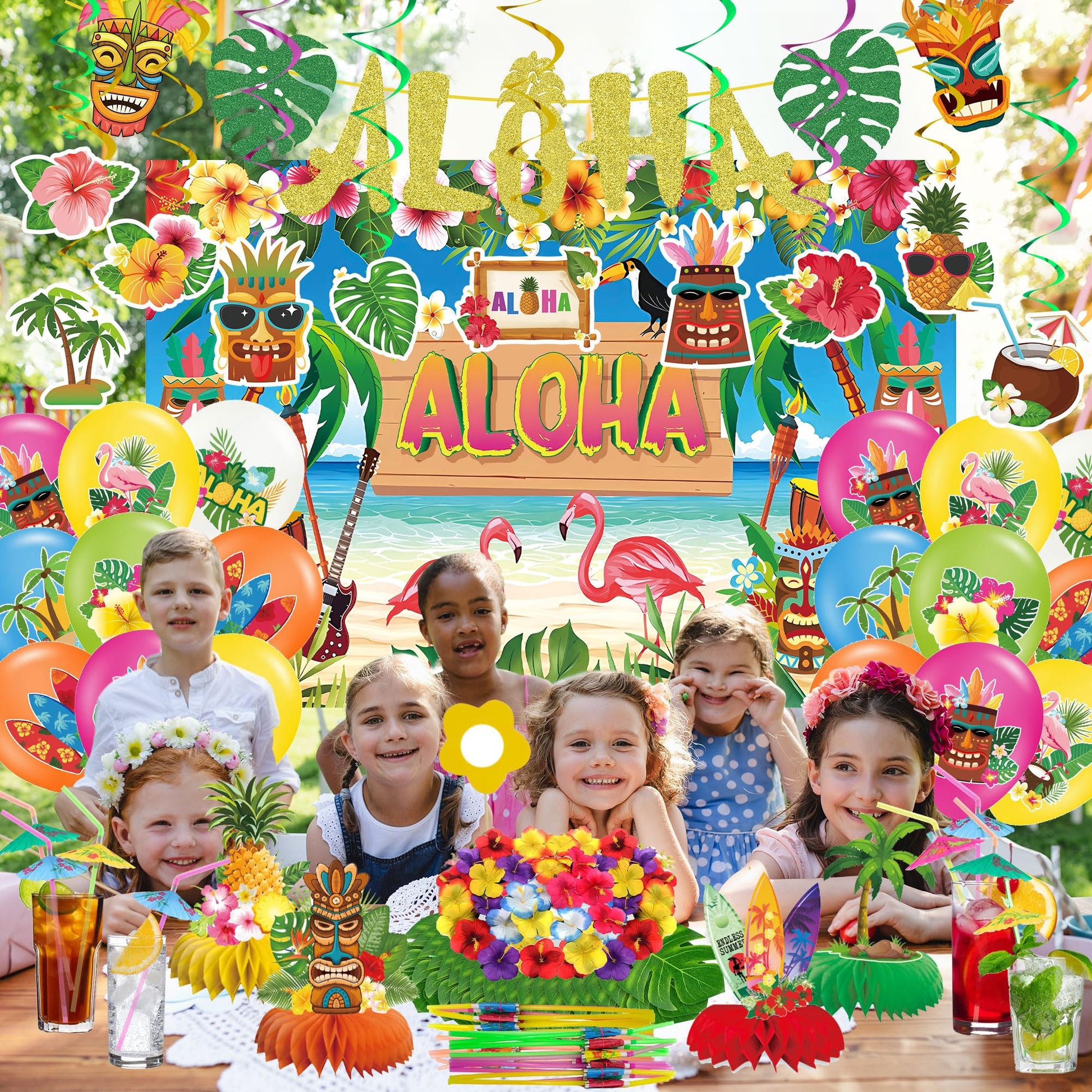 DMIGHT 101PCS Hawaiian Themed Party Decorations Set, Tropical Beach Aloha Summer Party Supplies, Including Backdrop, Table Skirt, Honeycomb
