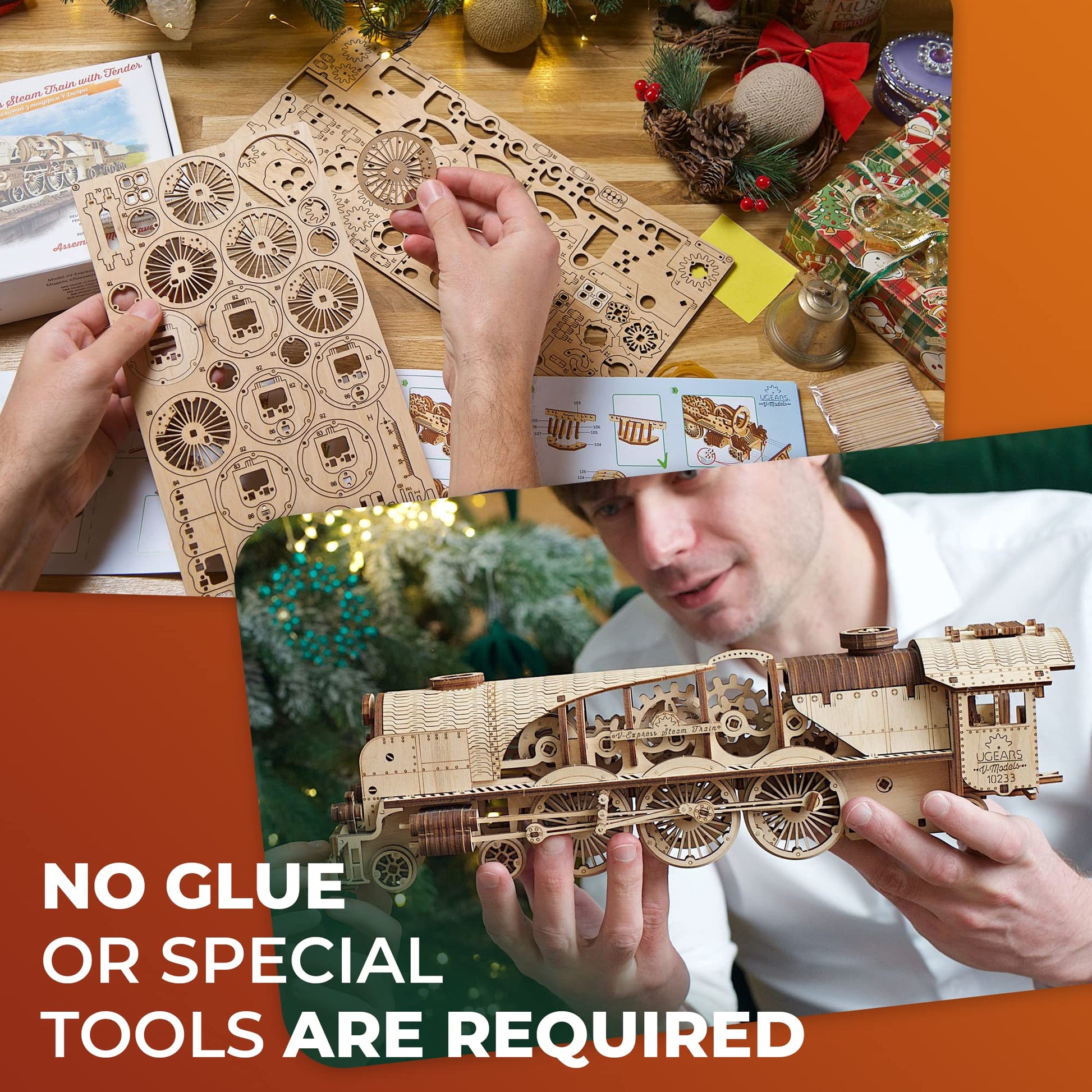 UGEARS V-Express Steam Train with Tender 3D Wooden Puzzles for Adults - Wooden Model Kits for Adults Model Train Steam Engine Kit Brain Teaser, Hobby