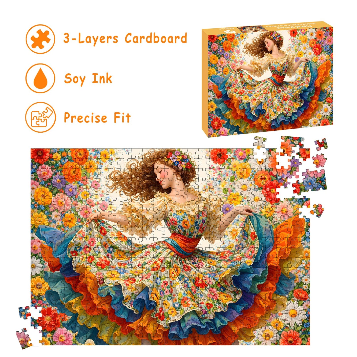 Puzzles for Adults 500 Pieces, Flower Dress Jigsaw Puzzles - Floral Dance, Impossible Flower Puzzle for Seniors Families, 20.47x14.96 Inches, 1:1
