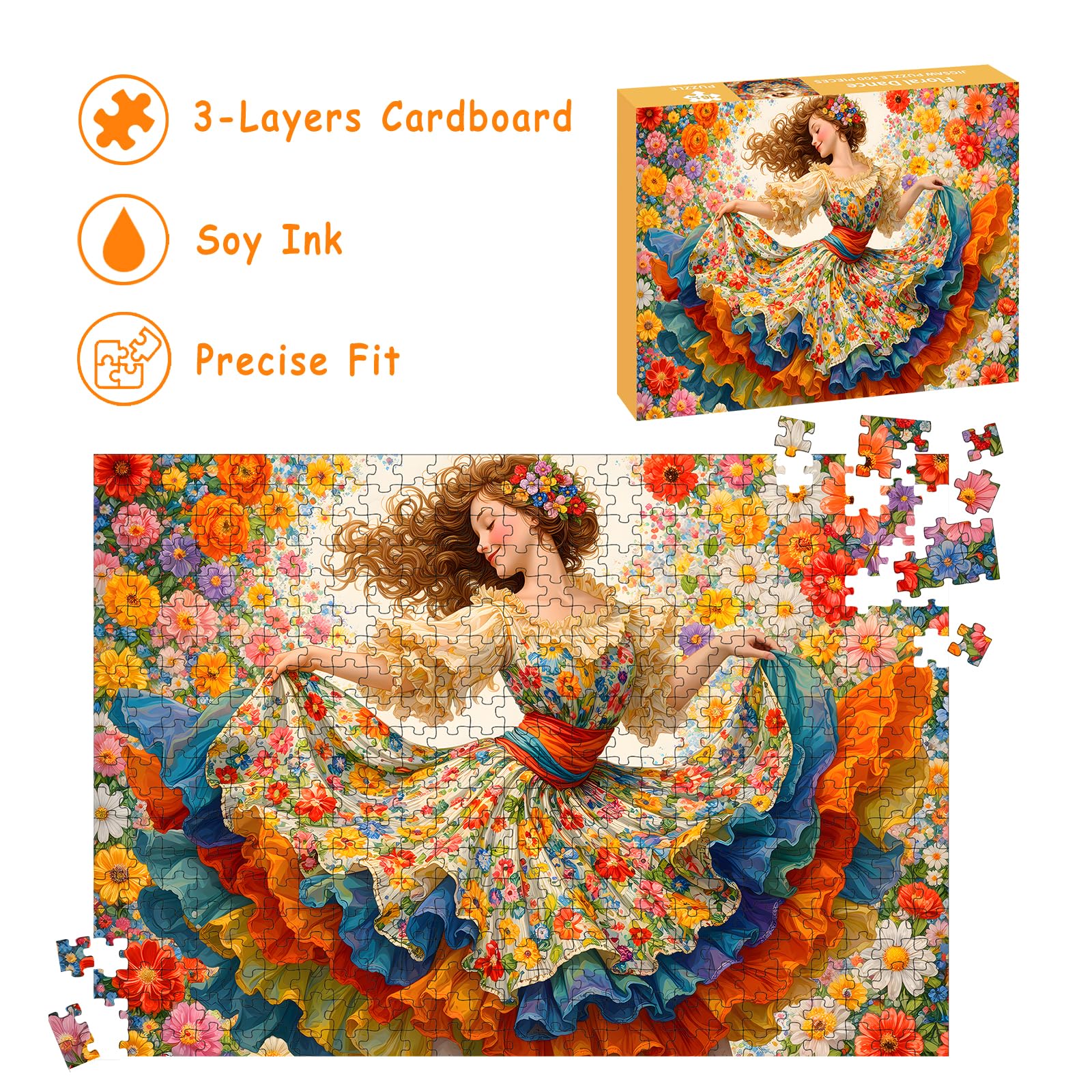 Puzzles for Adults 500 Pieces, Flower Dress Jigsaw Puzzles - Floral Dance, Impossible Flower Puzzle for Seniors Families, 20.47x14.96 Inches, 1:1