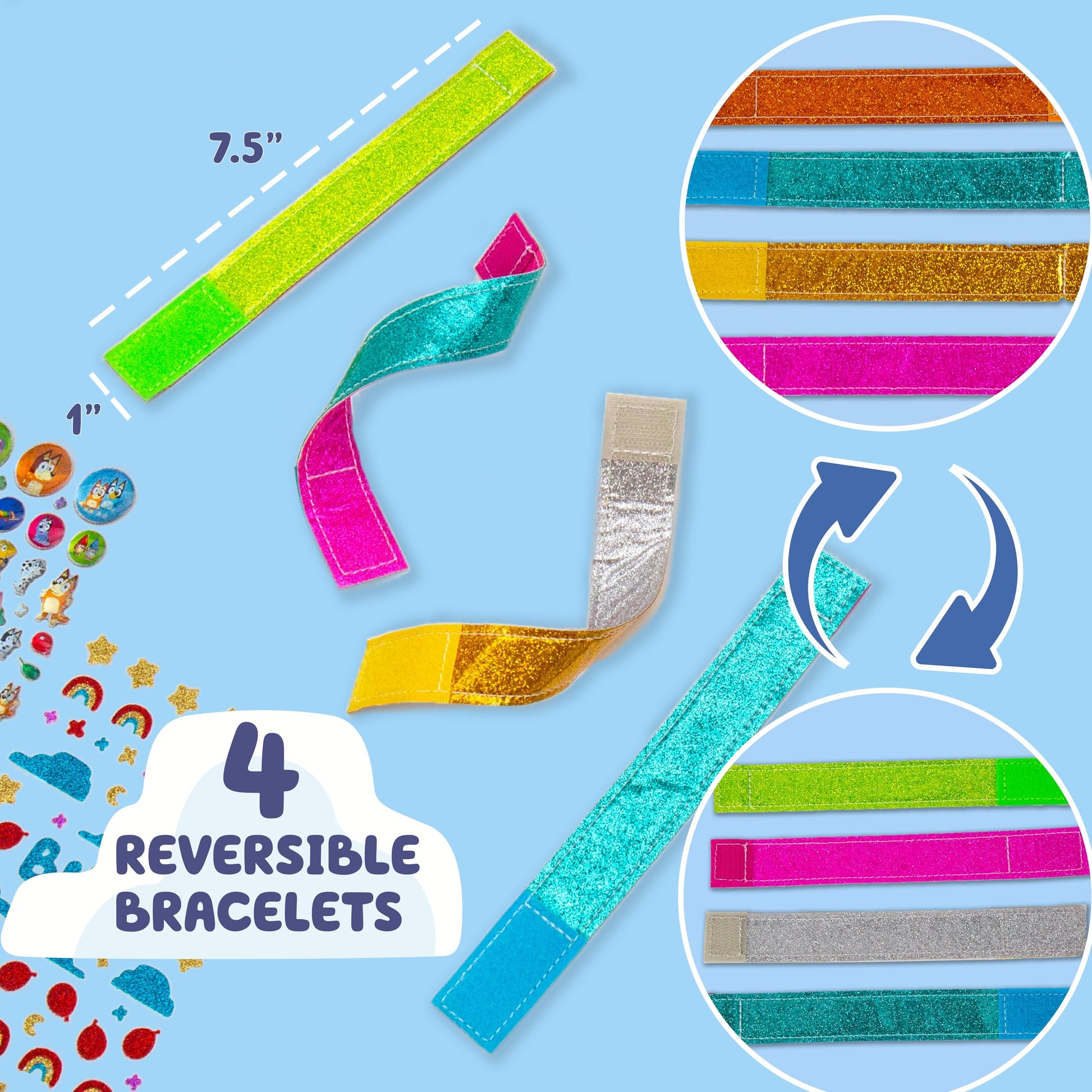 Bluey Sparkle Bracelet Making Kit, 4 Reversible Bracelets with Easy Closure, 100+ Traditional and Puffy Resin Stickers, DIY Bluey Jewelry, Arts
