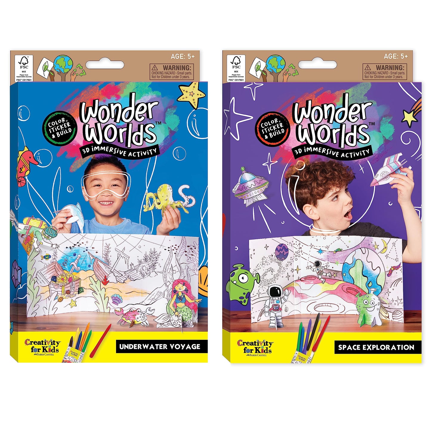 Creativity for Kids Wonder Worlds 3D Coloring Craft Kit 2 Pack: Outer Space and Underwater Voyage - Gifts for Boys and Girls (Ages 5+)