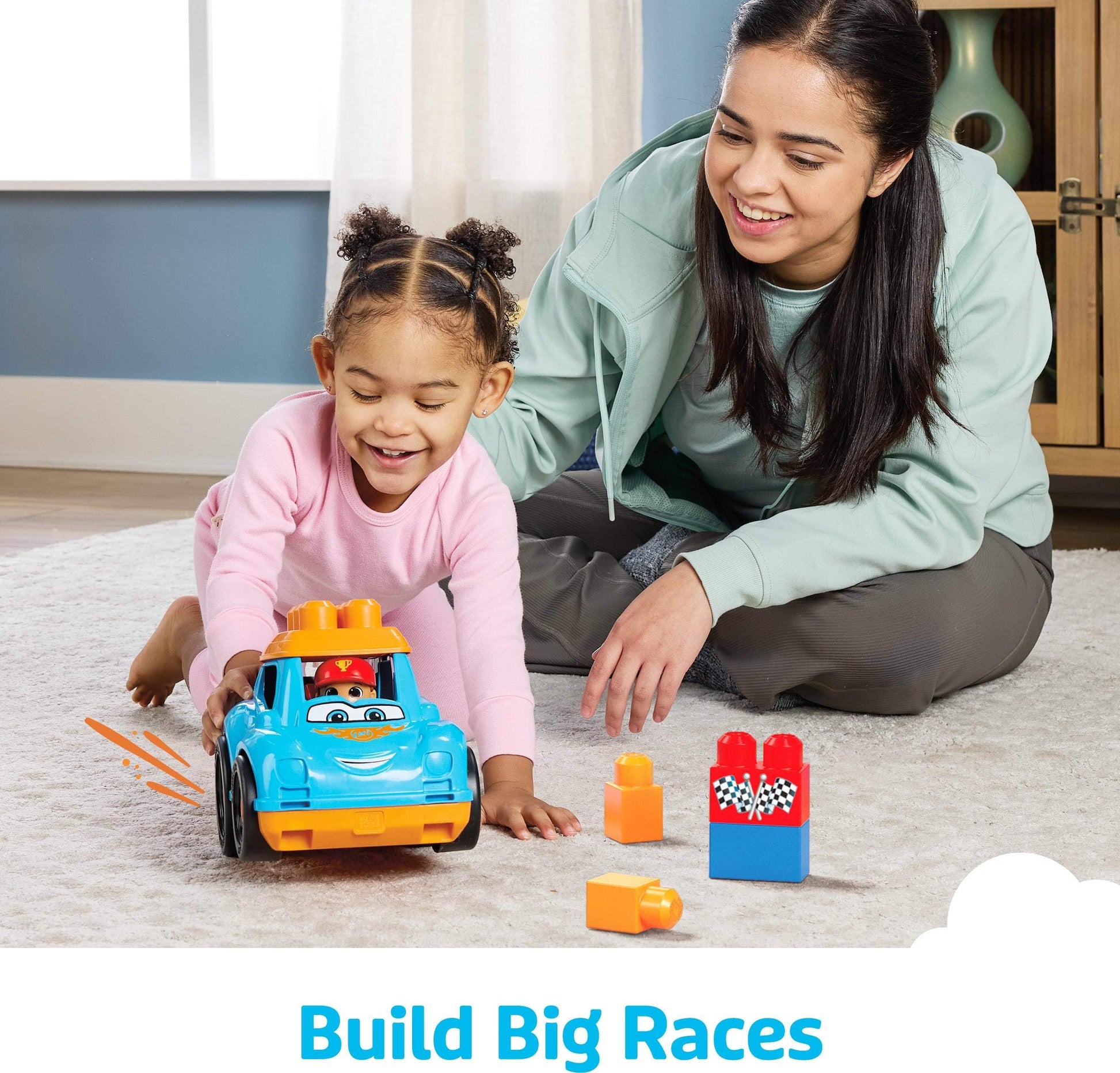 Mega Bloks First Builders Toddler Building Blocks Toy Set, Ricky Race Car with 6 Pieces and Storage, 1 Figure, Blue, Ages 1+ Years