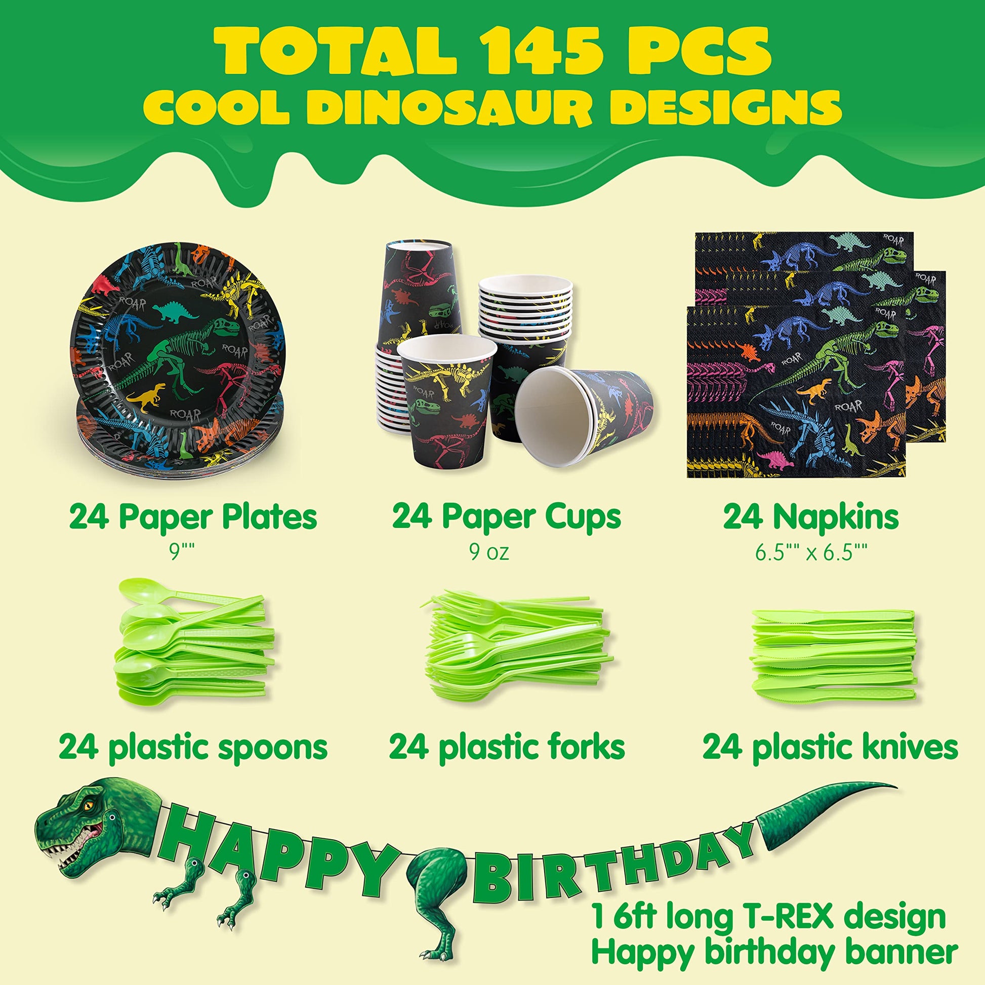 JOYIN 145 Piece Dinosaur Birthday Party Supplies with Banner, 24 Serves Dinosaur Disposable Tableware Set with Plates, Cups, Napkins, and Cutlery Sets