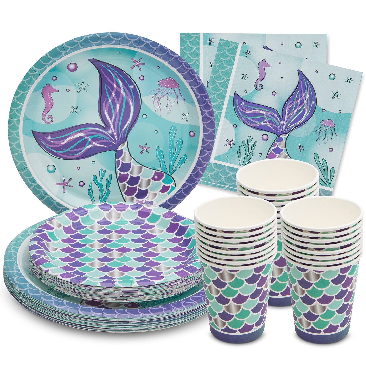 Royal Bluebonnet Mermaid Party Plates - 24 Sets of Purple Mermaid Paper Plates and Napkins Supplies, Sturdy 400 GSM Paper Products for Under the Sea