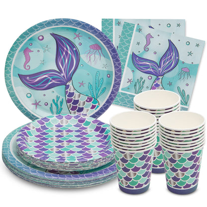 Royal Bluebonnet Mermaid Party Plates - 24 Sets of Purple Mermaid Paper Plates and Napkins Supplies, Sturdy 400 GSM Paper Products for Under the Sea