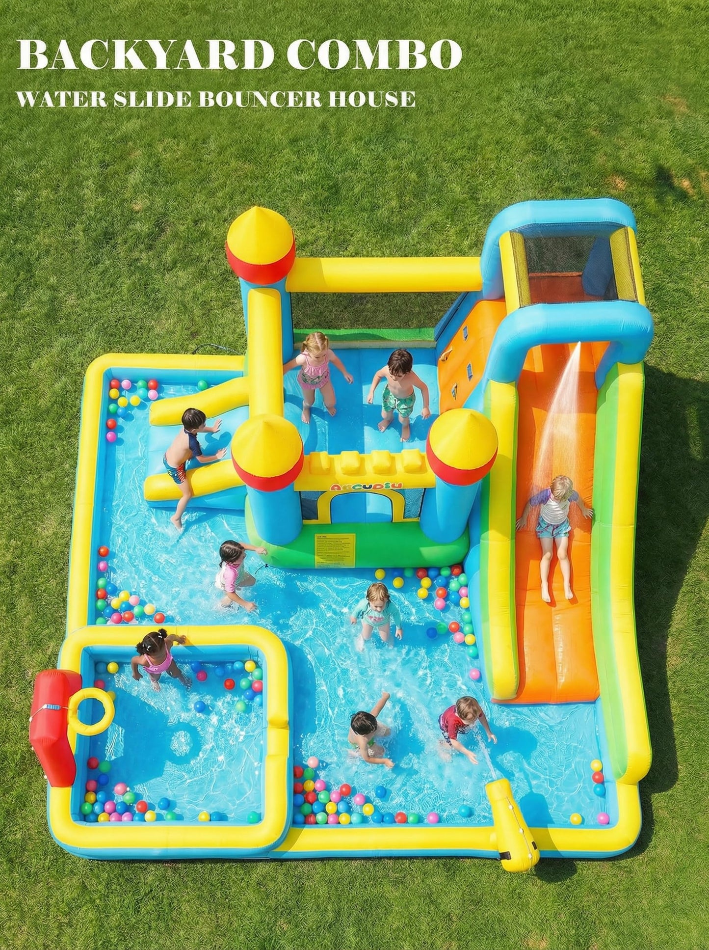 Inflatable Water Slide Bounce House for Kids, 11-in-1 Blow Up Water Park with Long Slide,Basketball Hoop,Splash Pool,Deep Pool, Water Play Center