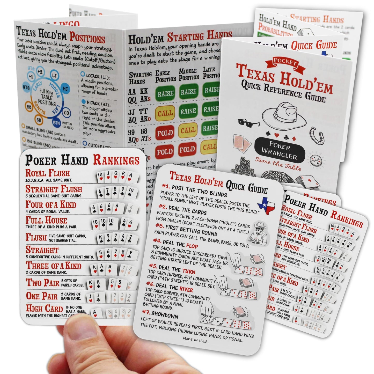 POKER WRANGLER Illustrated Poker Cheat Sheets. Set of 5 Poker Hand Ranking Cards and Texas Hold'em Cheat Sheet and Pocket Guide