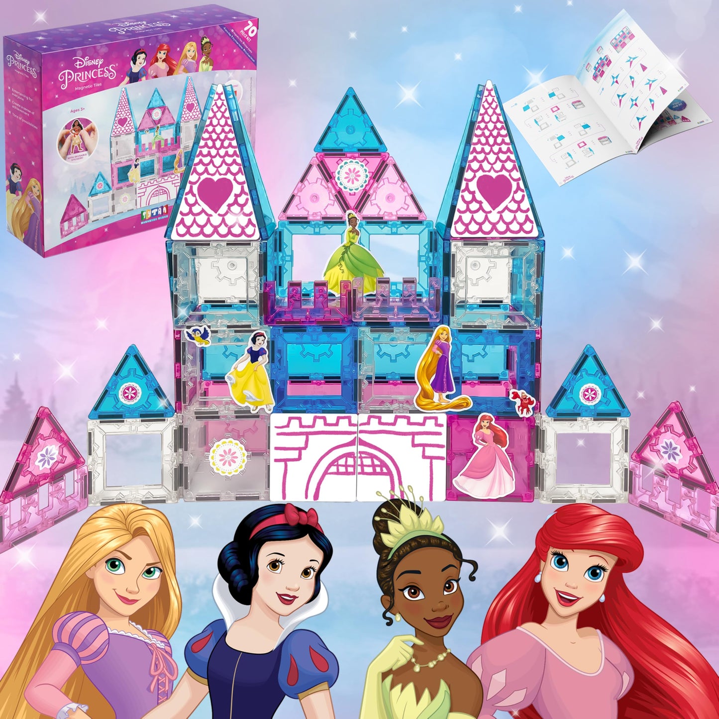 Tytan Official Disney Princess Magnetic Tile Castle - 70-Piece STEAM Toy with Vibrant Tiles, Reusable Disney Princess Stickers, Dry-Erase Decals