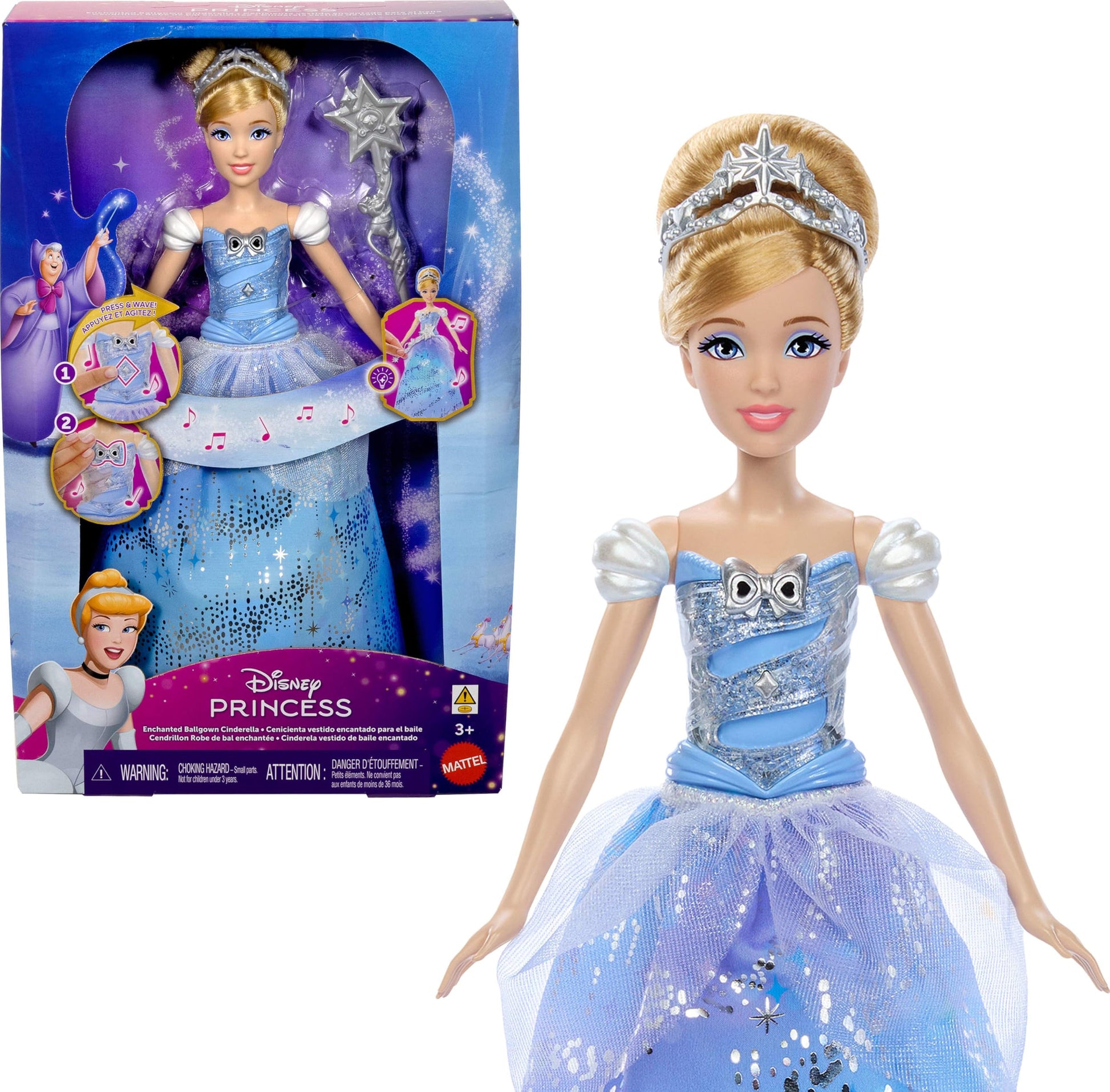 Mattel Disney Princess Cinderella Light-Up Dress Fashion Doll with Sounds & Magic Wand Activation, Enchanted Ballgown Cinderella Inspired by Movie