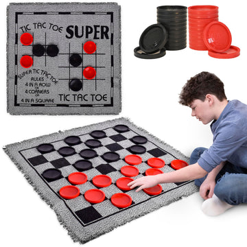 3-in-1 Vintage Giant Checkers Set, Tic Tac Toe with Reversible Mat, 24 Jumbo Chips, Family Board Game, Lawn Game, BBQ Party Favor, Indoor and Outdoor