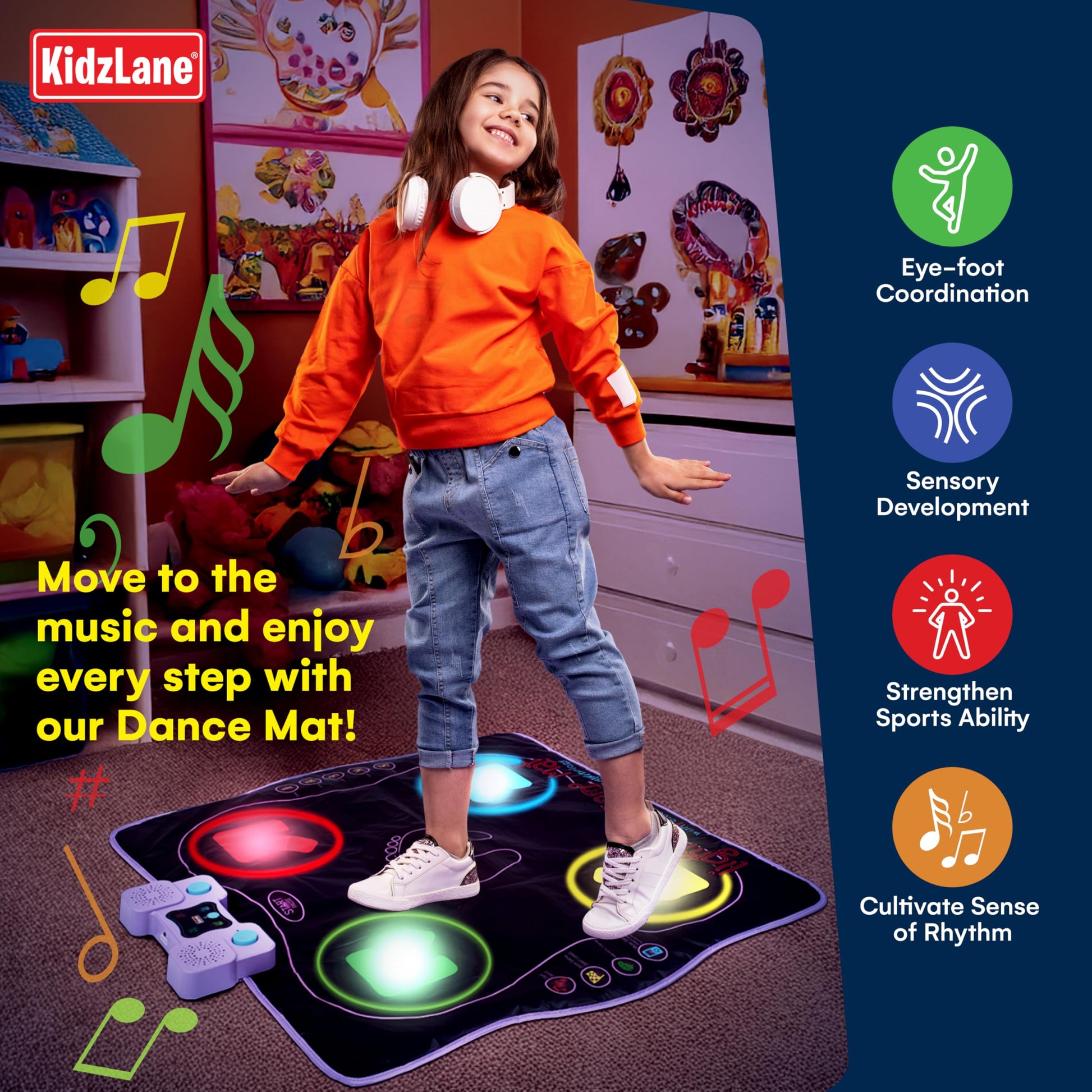 Kidzlane Electronic Dance Mat for Kids 8-12, Wireless Kids' Dance Pad with Bluetooth/AUX, Built-in Music, 5 Challenge Levels, 4 Modes - Interactive